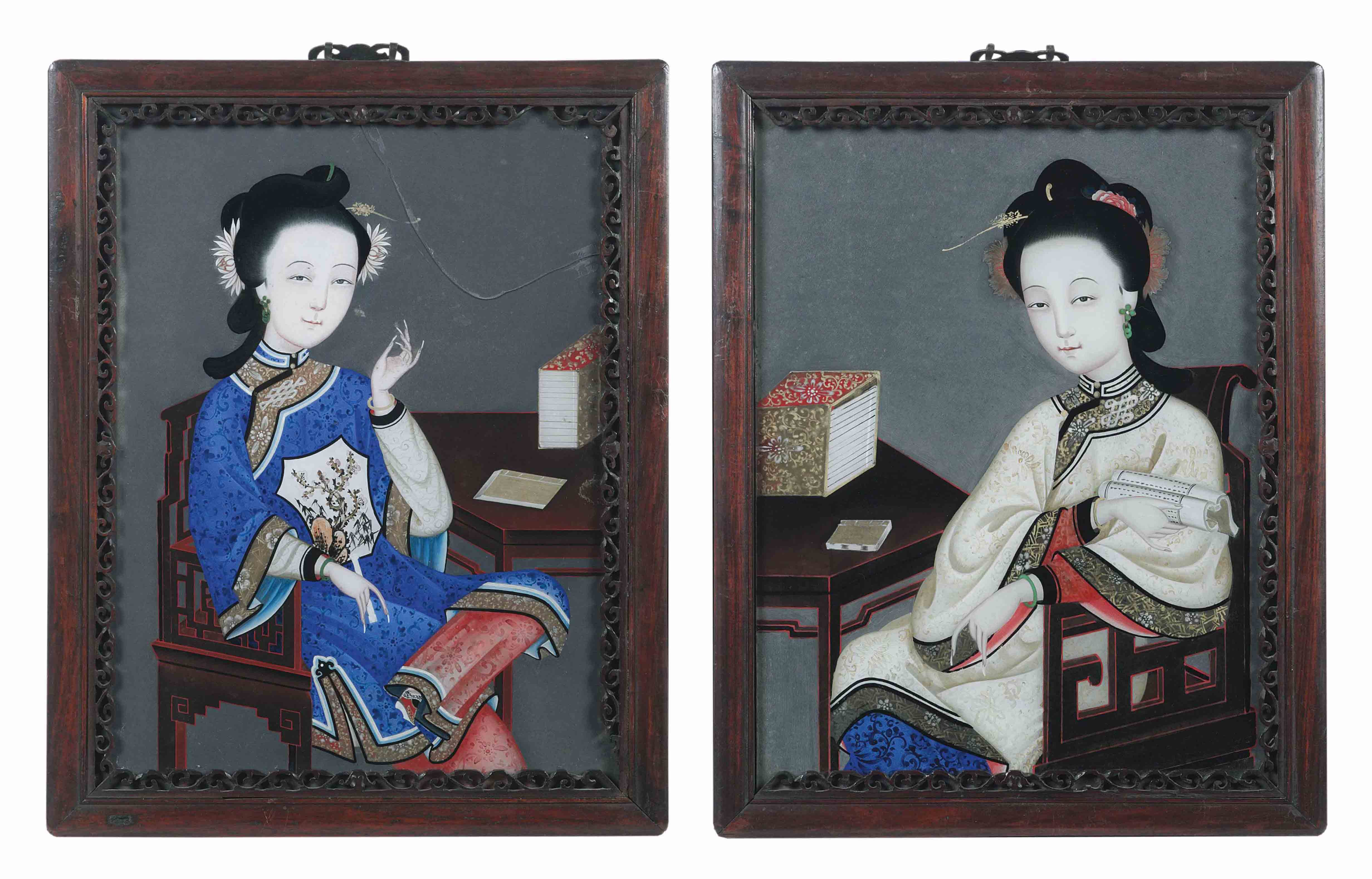 A Pair Of Chinese Reverse Glass Paintings 19th Century