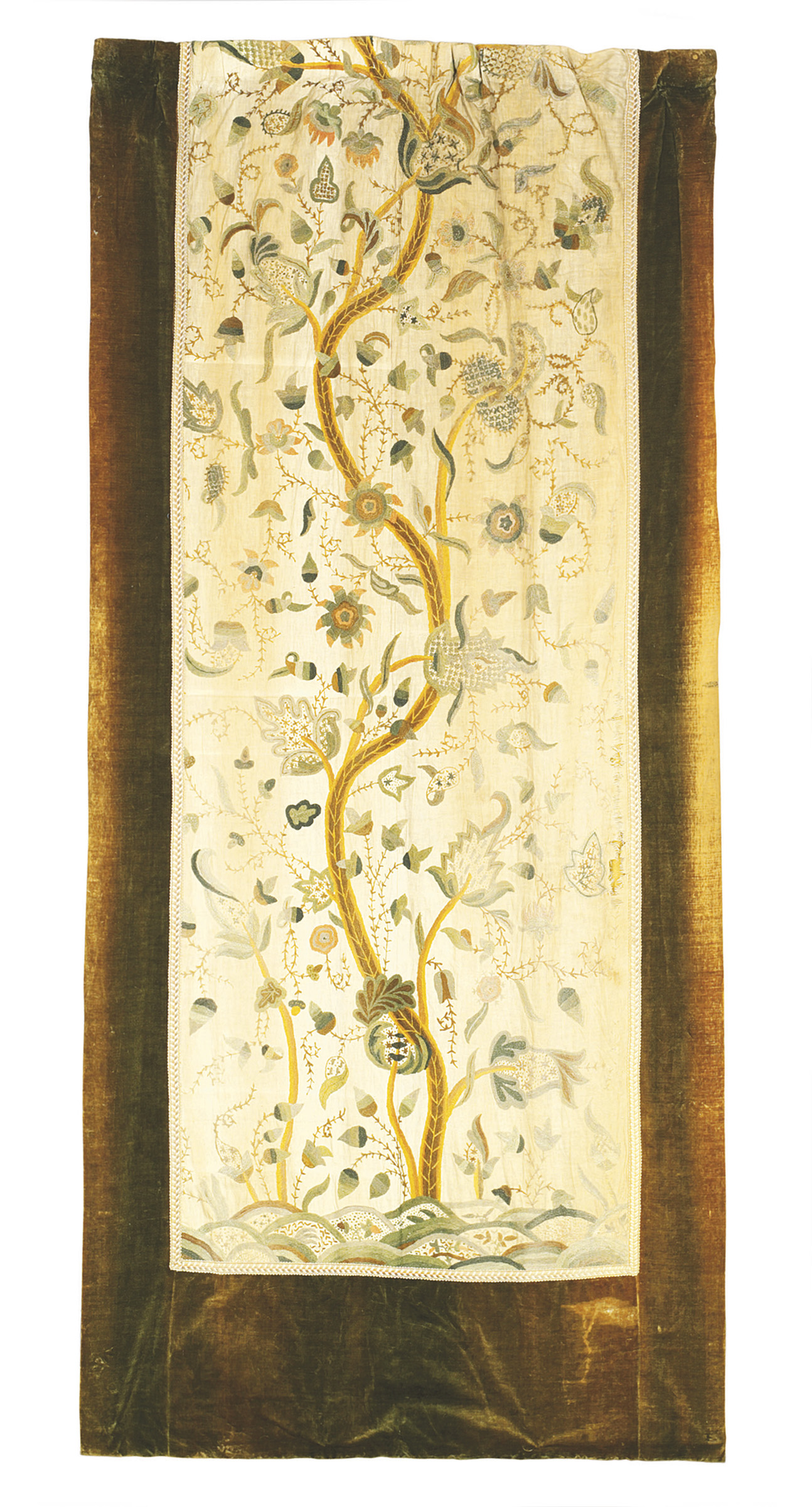 A Set Of Fourteen Crewelwork And Moss Green Velvet Curtains Late