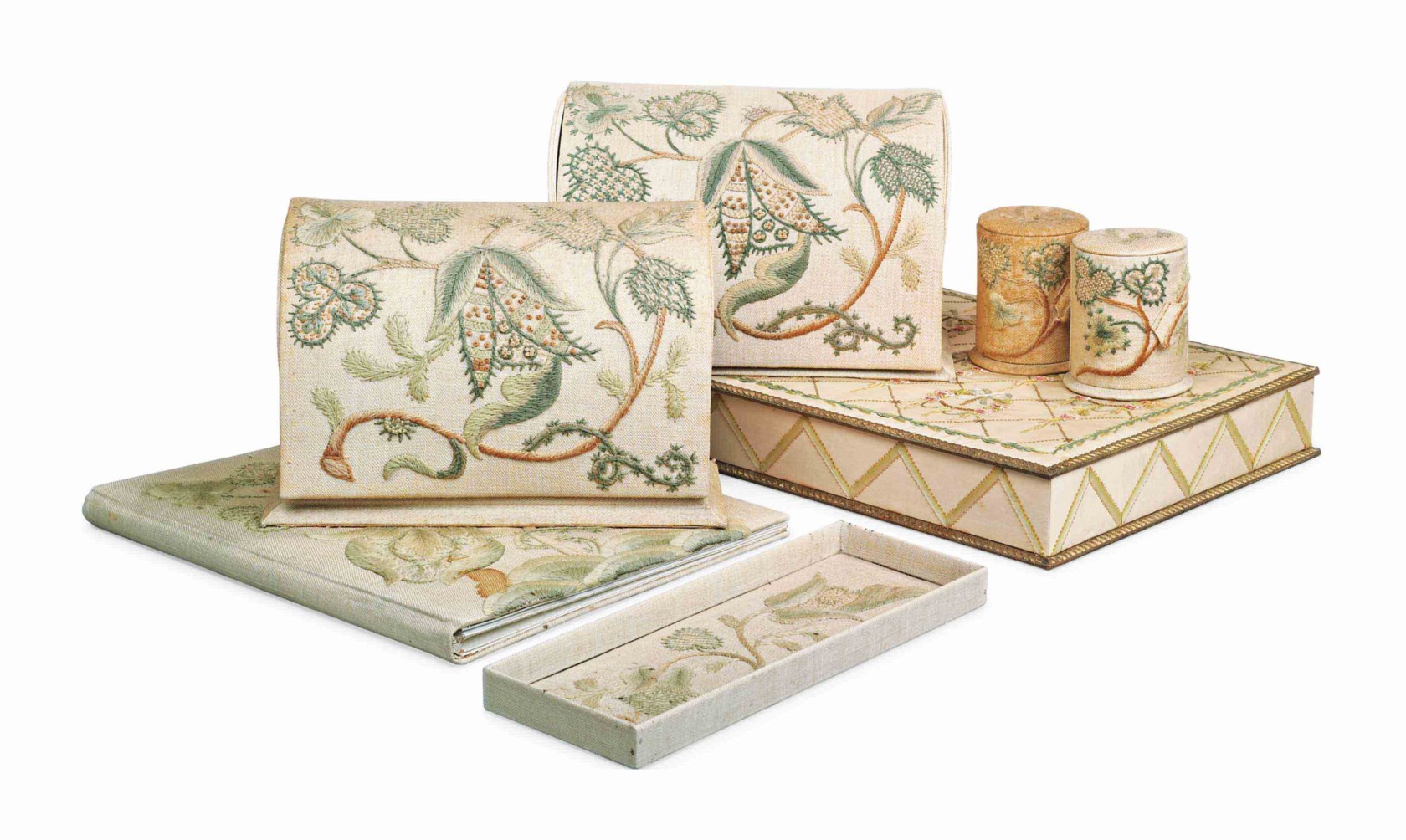 A SET OF CREWELWORK EMBROIDERED DESK ACCESSORIES