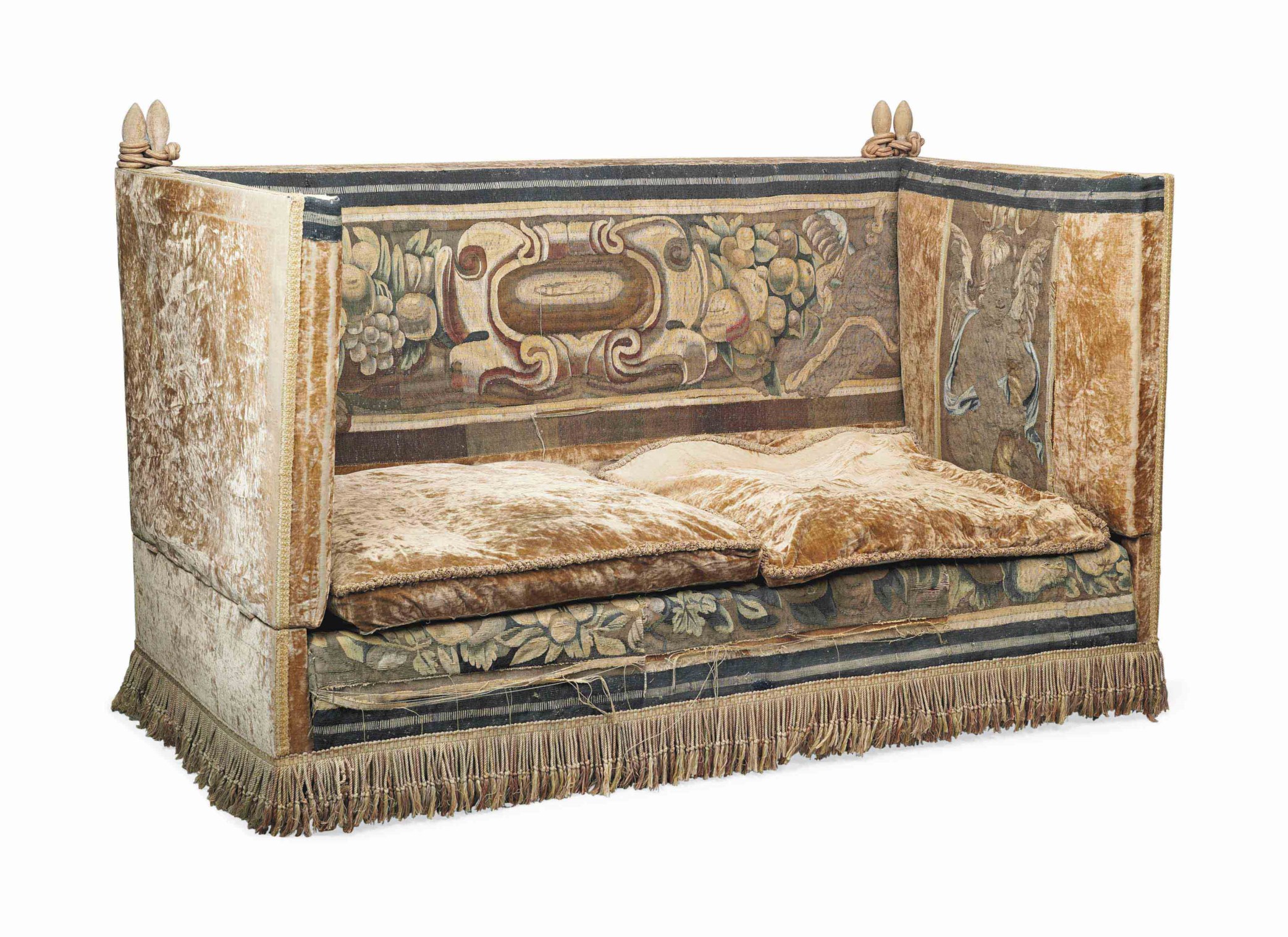 A TAPESTRY AND VELVET COVERED 'KNOLE' SOFA , THE TAPESTRY FRAGMENTS