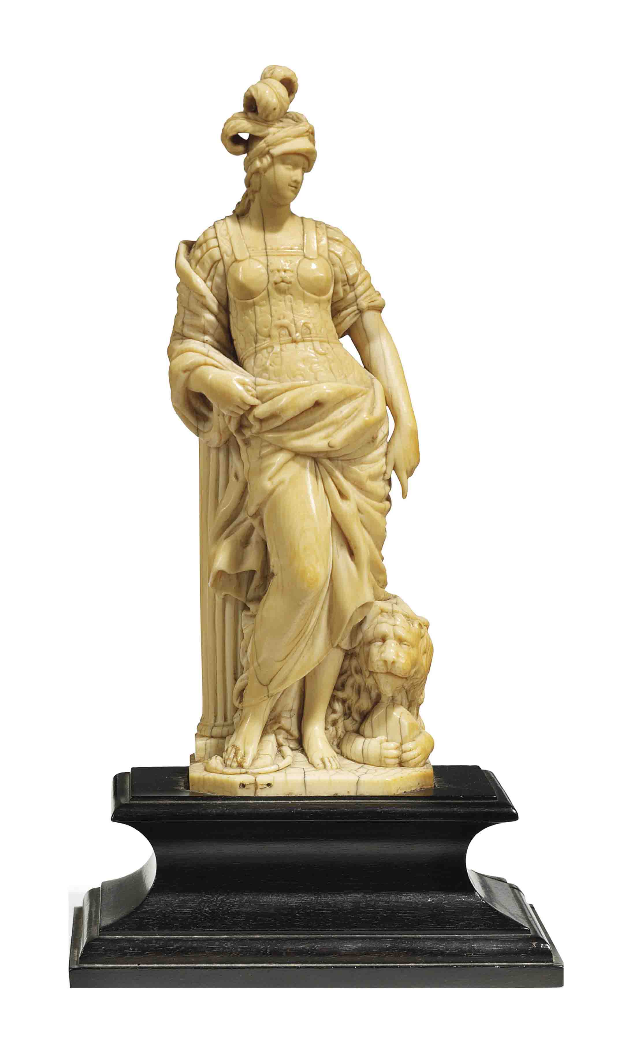 A CARVED IVORY FIGURE OF A GODDESS, PROBABLY PALLAS ATHENA , LATE 17TH CENTURY, PROBABLY GERMAN