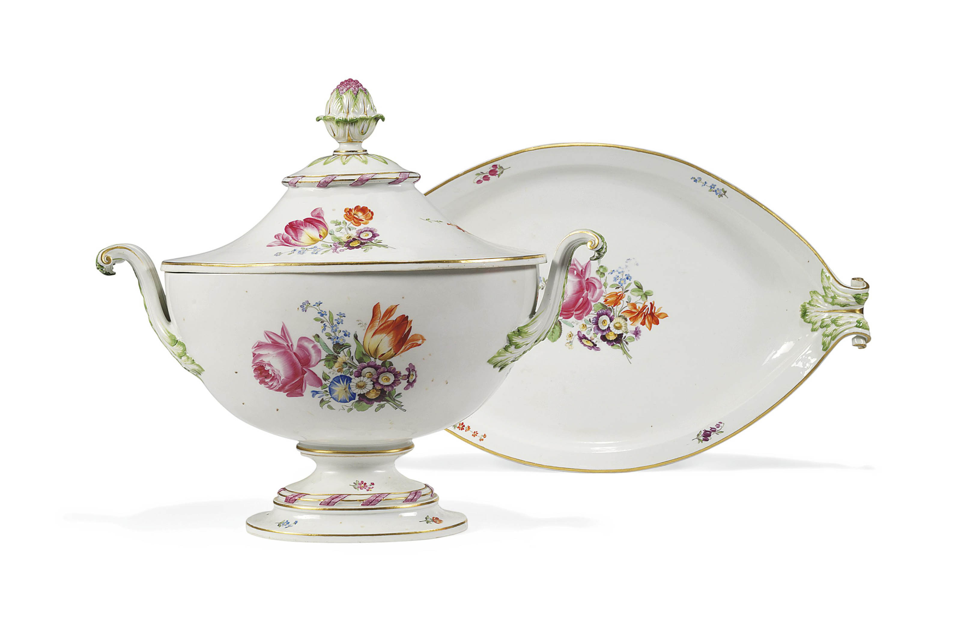 A MEISSEN (MARCOLINI) OVAL TWOHANDLED TUREEN, COVER AND STAND , CIRCA