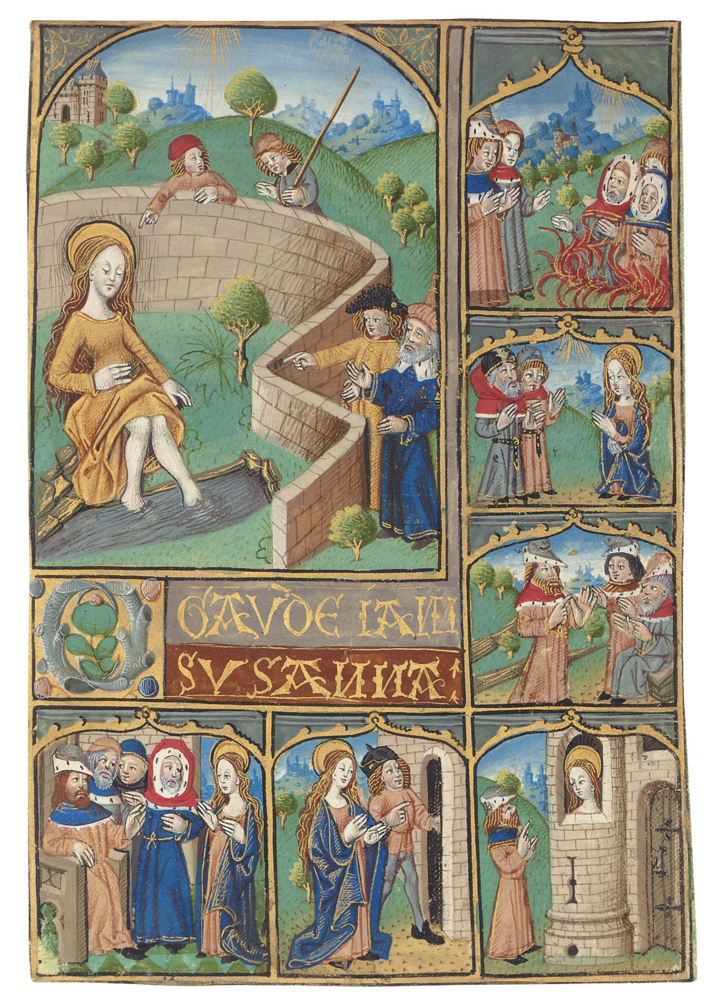 SCENES FROM THE LIFE OF ST SUSANNA, large miniature with six marginal