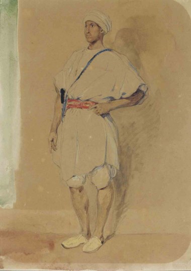 尤金‧德拉克羅瓦(1798-1863)，《站立的摩洛哥人》。鉛筆 水彩。12¾ x 9½英寸(32.5 x 24公分)。此作於2011年7月5日在佳士得倫敦售出，成交價85,250英鎊