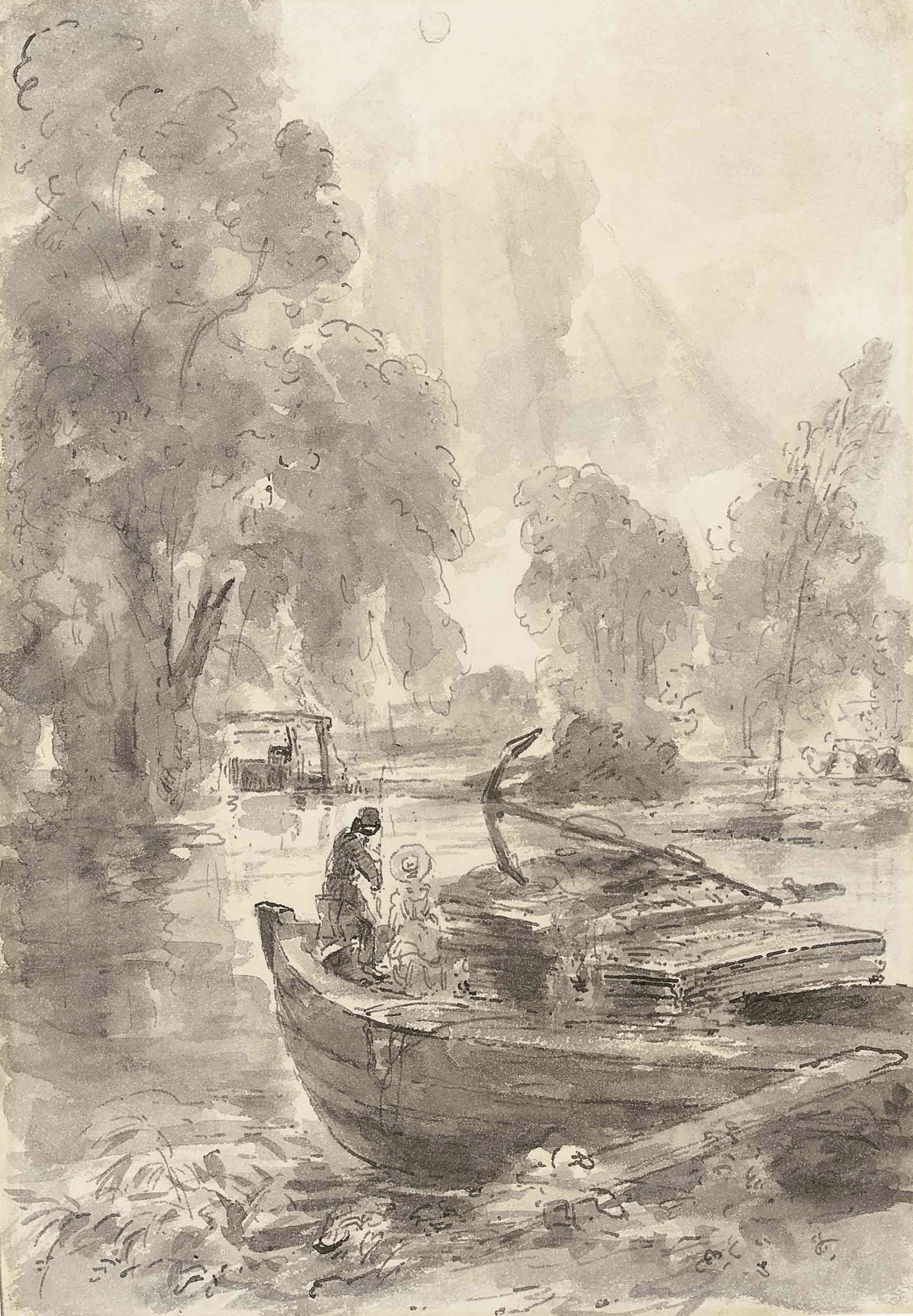 John Charles and Maria Louisa Constable fishing from a barge at Flatford Mill
