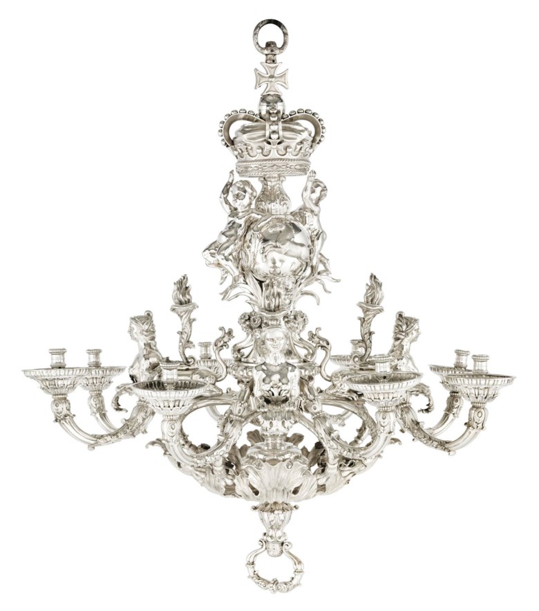 The Givenchy Royal Hanover Chandelier, a German silver eight-light chandelier, by Balthasar Friedrich Behrens, Hanover, delivered 13 September 1736, designed by the kings architect, William Kent. Sold for £5,753,250 on 7 July 2011 at Christie’s in London