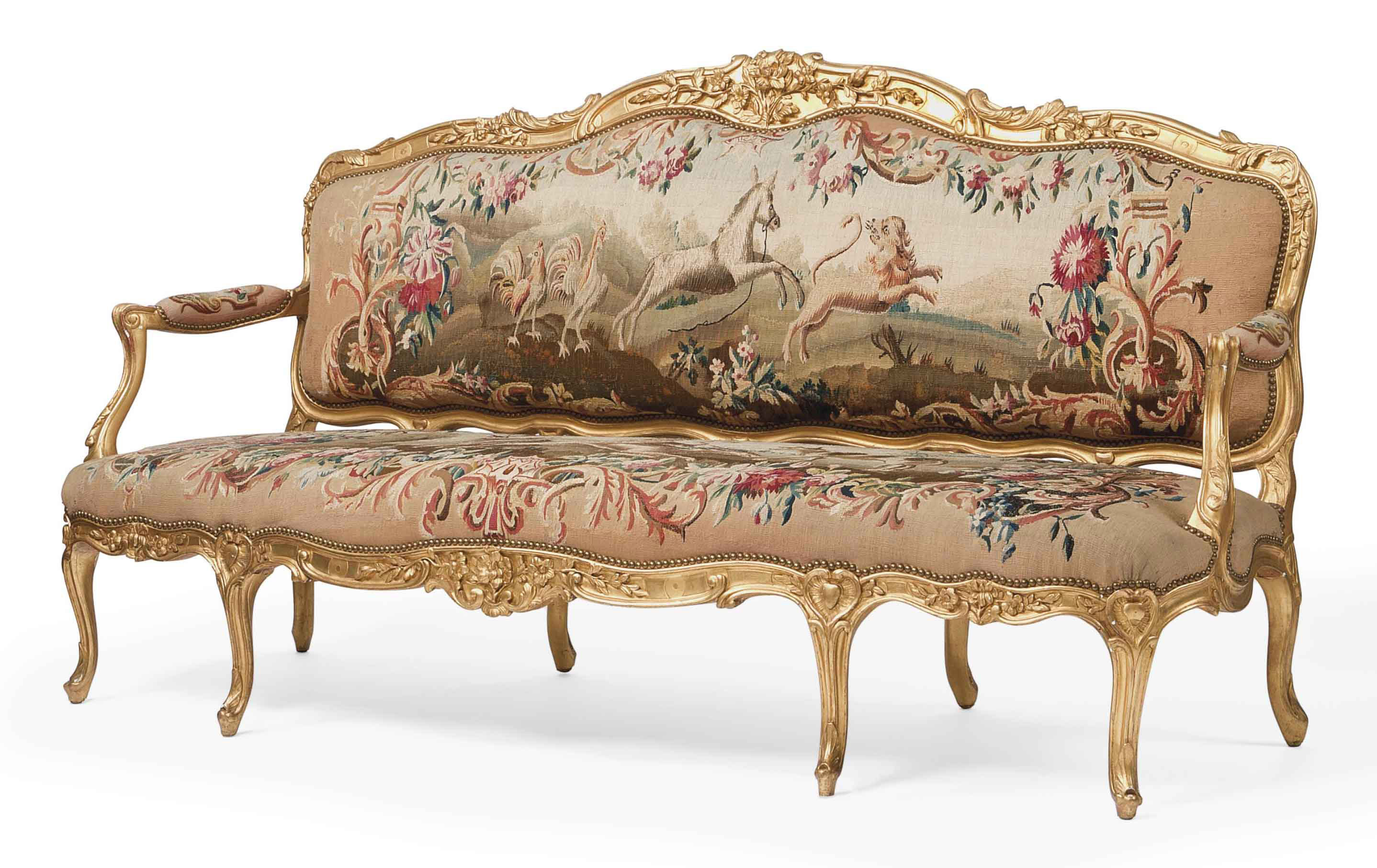 A SUITE OF LOUIS XV FRUITWOOD AND AUBUSSON TAPESTRY SEATFURNITURE , BY