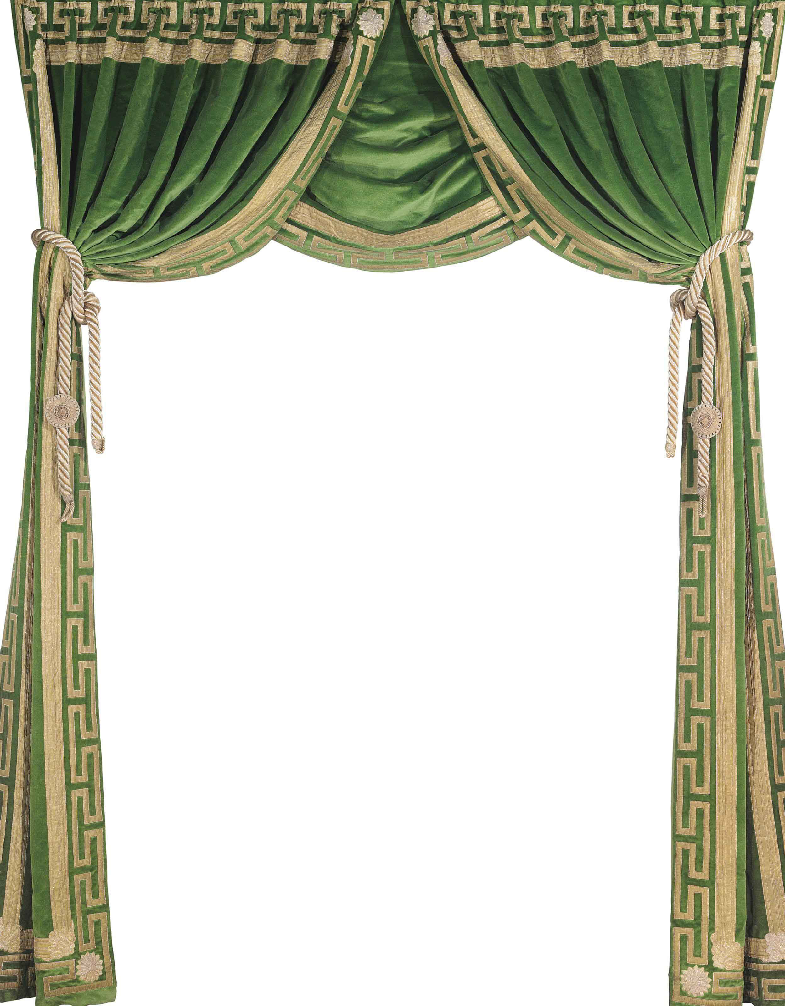 A Pair Of Gilt Edged Green Velvet Curtains Together With A