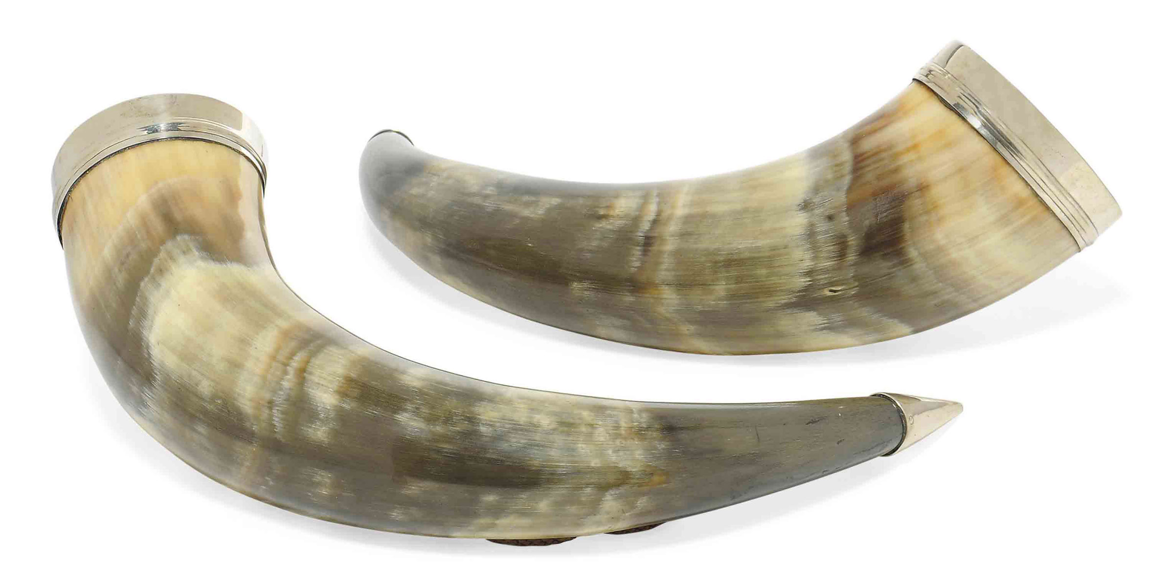 A PAIR OF VICTORIAN SILVERMOUNTED DRINKING HORNS , MAKERS MARK