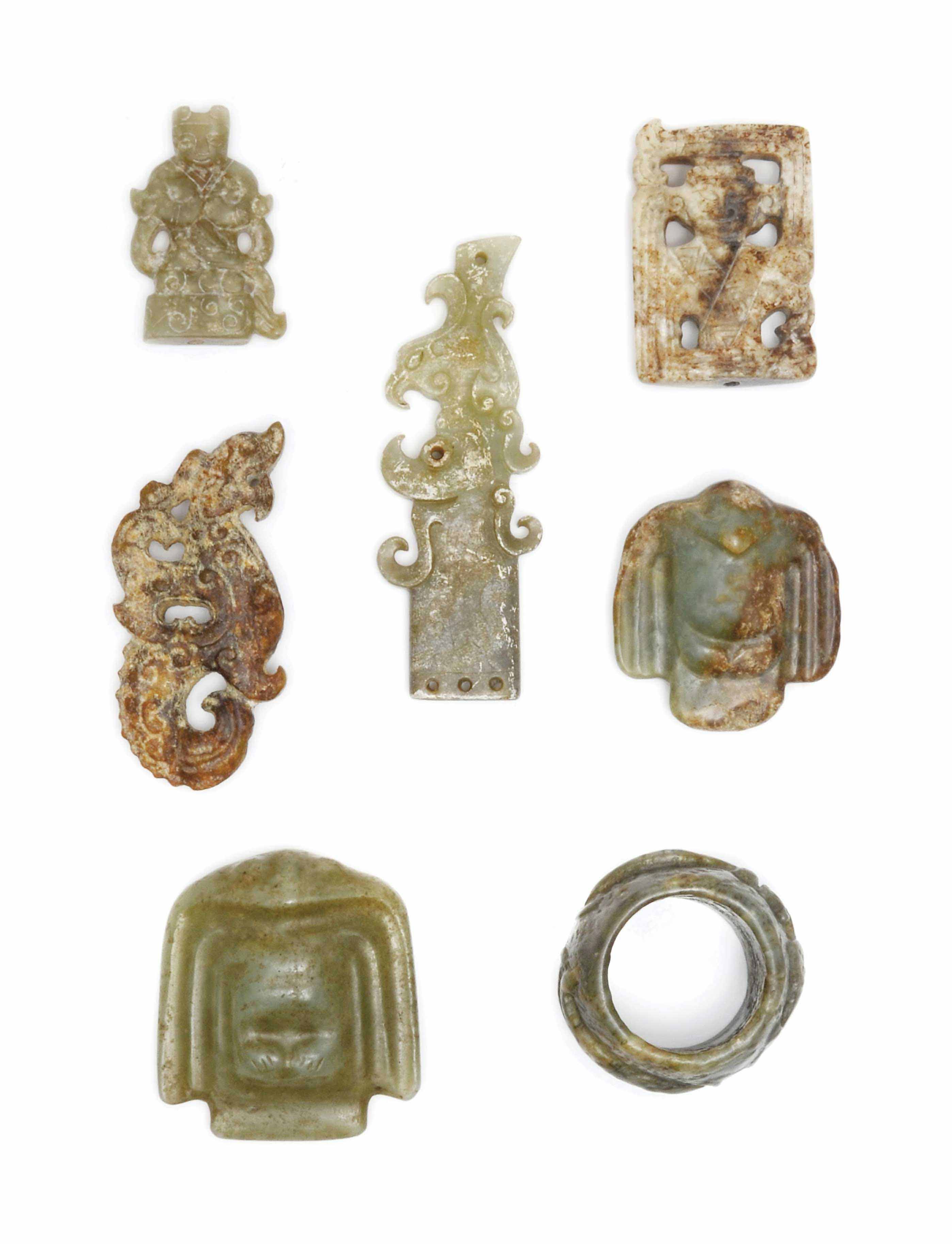 SEVEN CHINESE JADE CARVINGS , MING DYNASTY (13681644) OR LATER