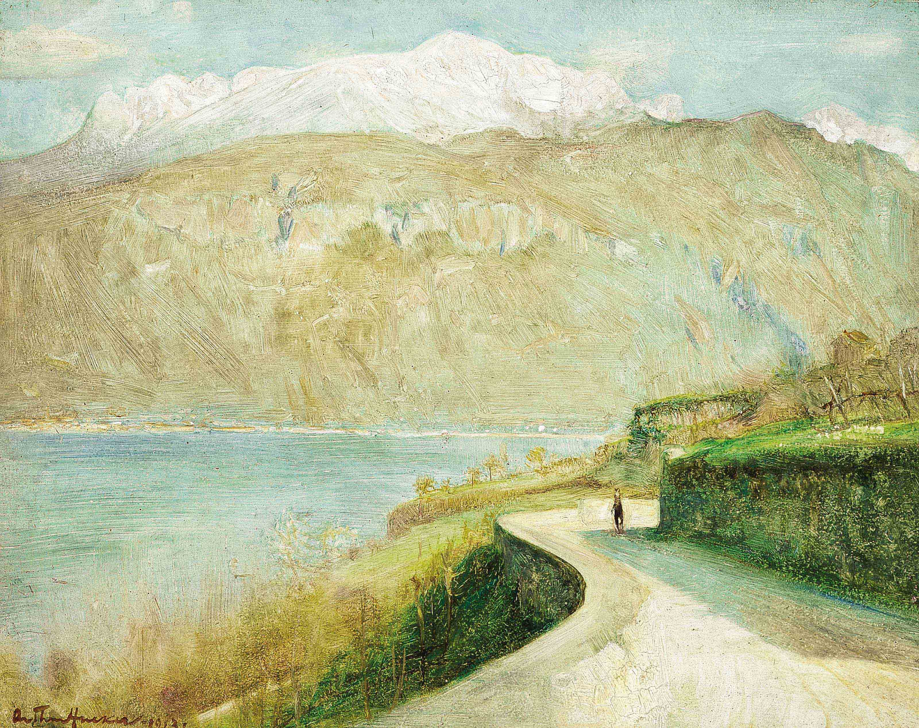 Figure walking on the shore, Lake Como, Italy 
