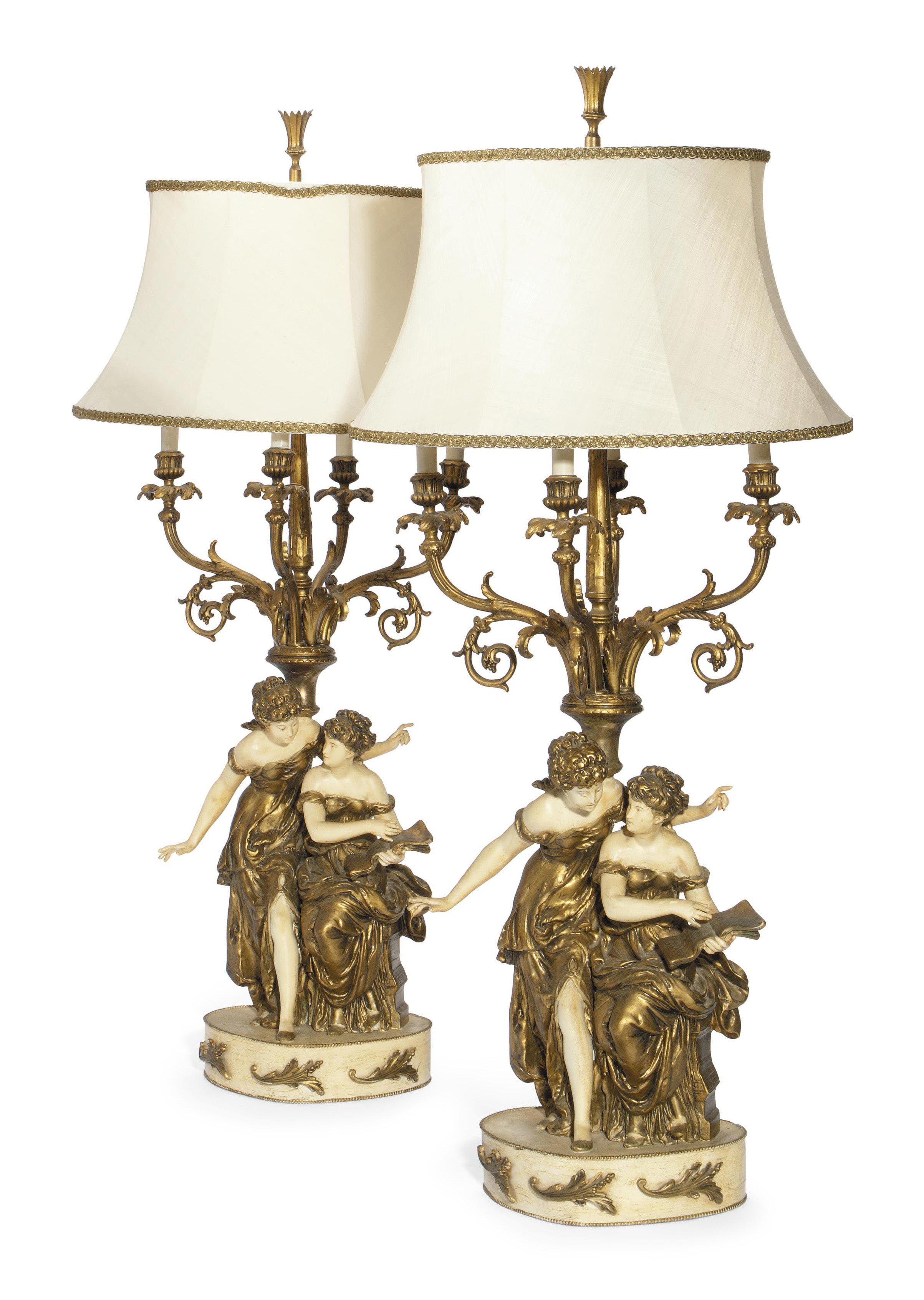 TWO FRENCH PAINTED AND GILT SPELTER FIGURAL TABLE LAMPS , EARLY 20TH