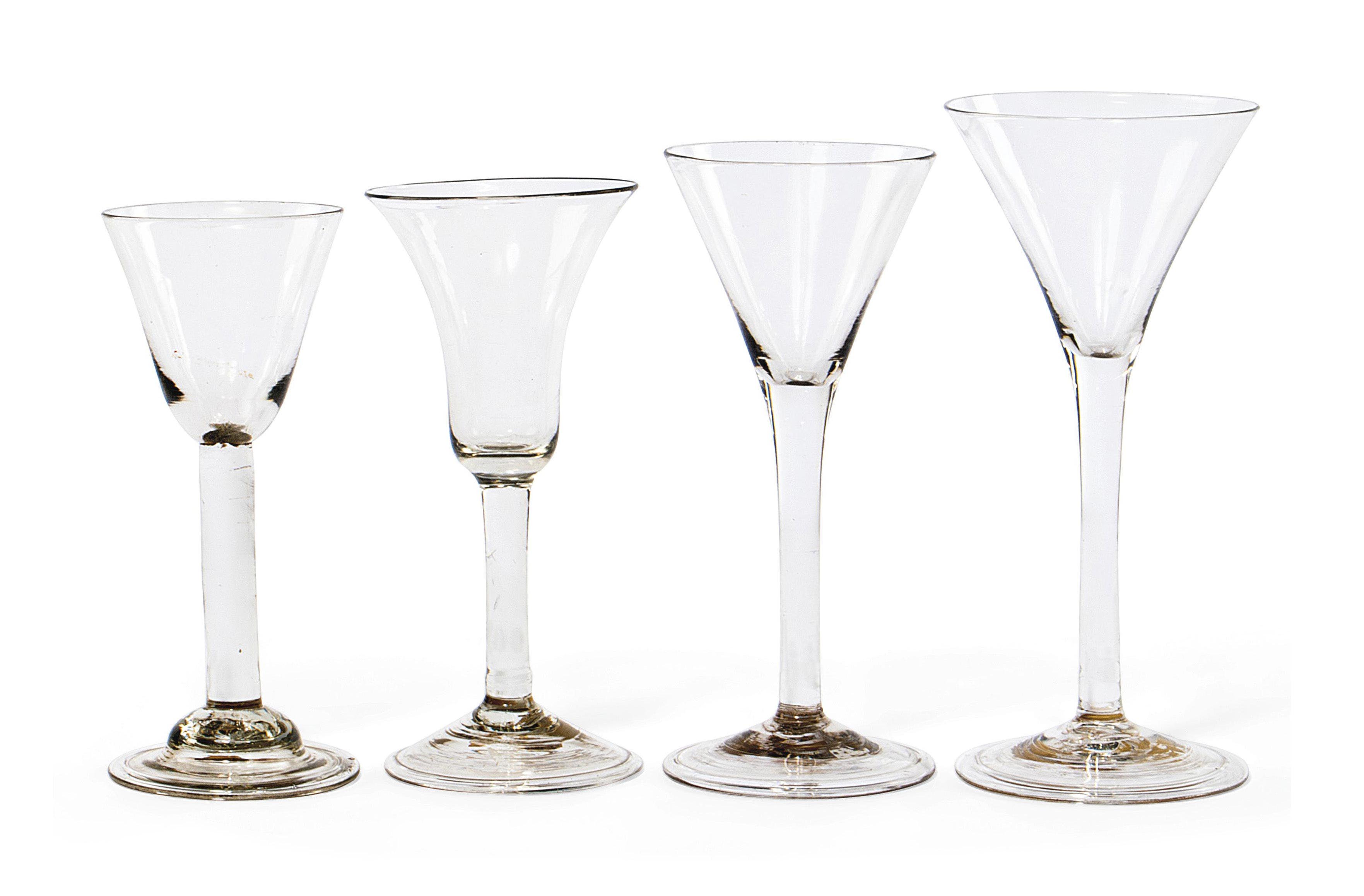 FOUR ENGLISH PLAINSTEMMED DRINKING GLASSES