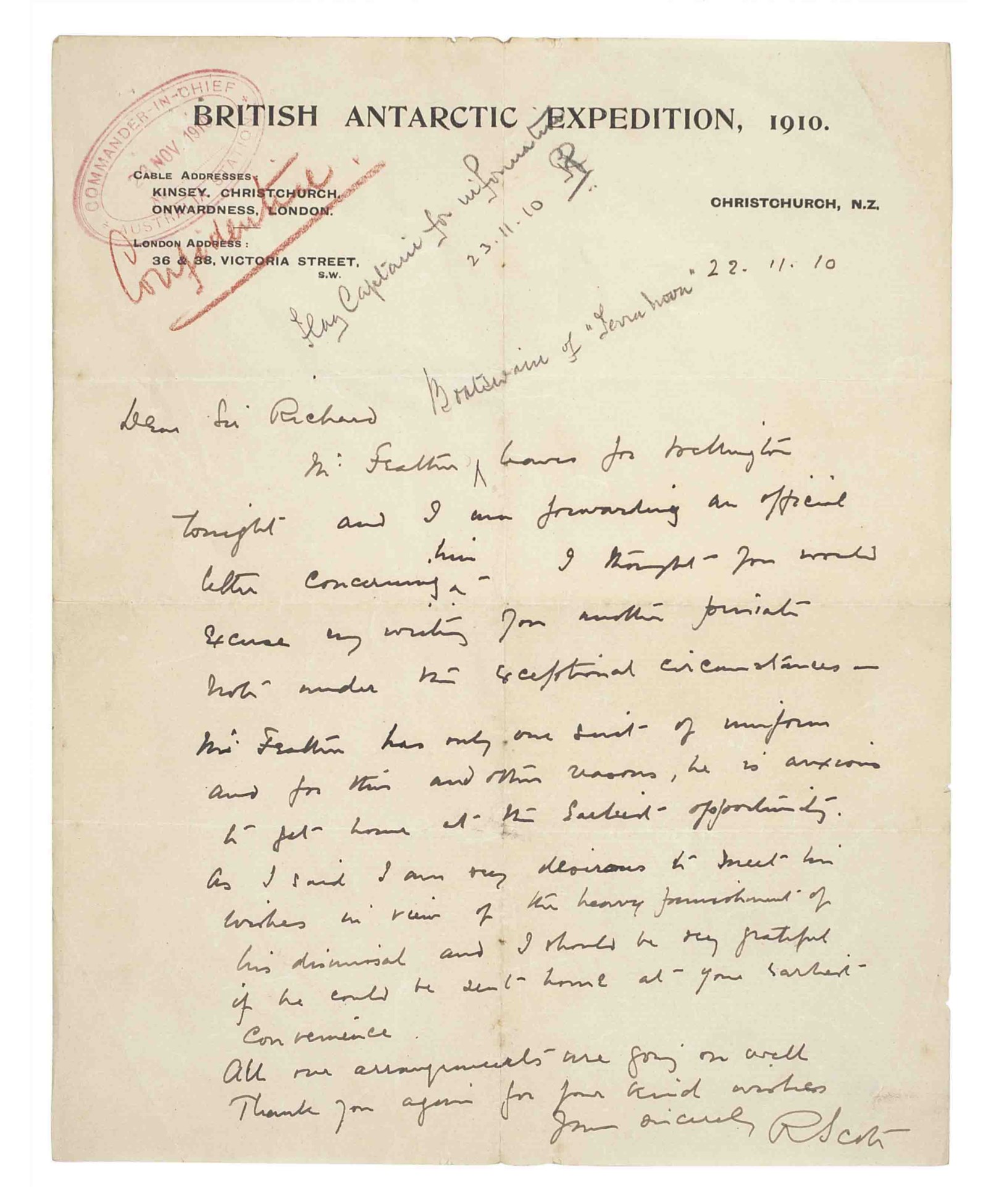 SCOTT, Robert Falcon (1868-1912). Autograph letter signed ('R. Scott ...
