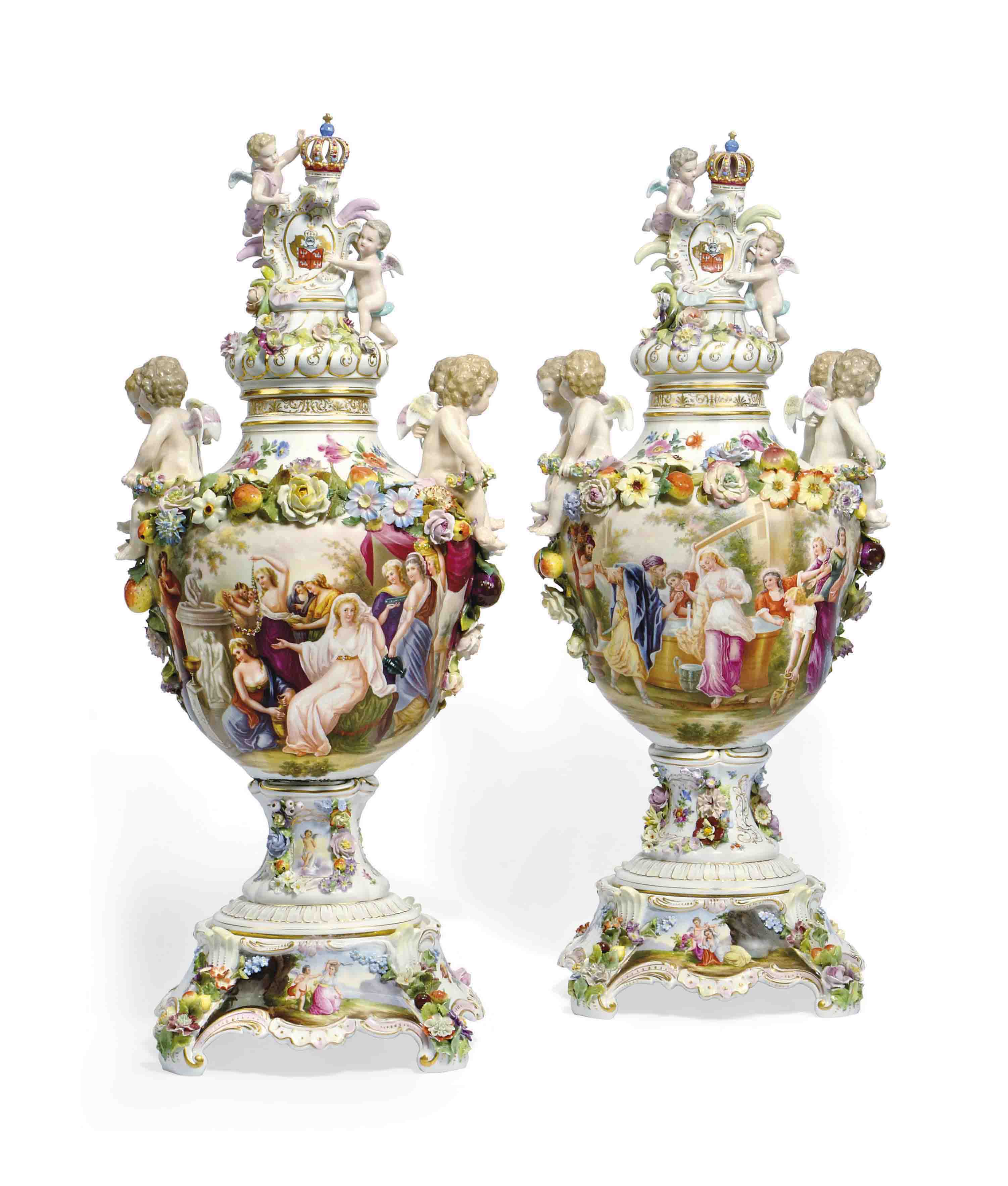 A LARGE PAIR OF MEISSENSTYLE FLOWERENCRUSTED VASES, COVERS AND STANDS , LATE 19TH CENTURY
