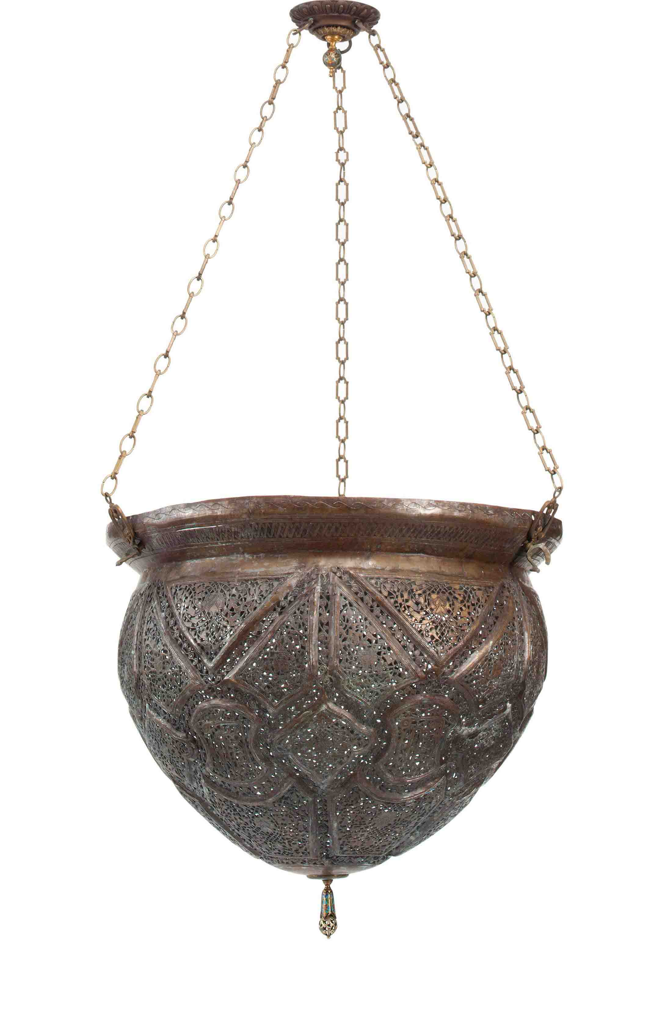 A LARGE PIERCED BRASS HANGING LAMP , EGYPT OR SYRIA, 19TH CENTURY