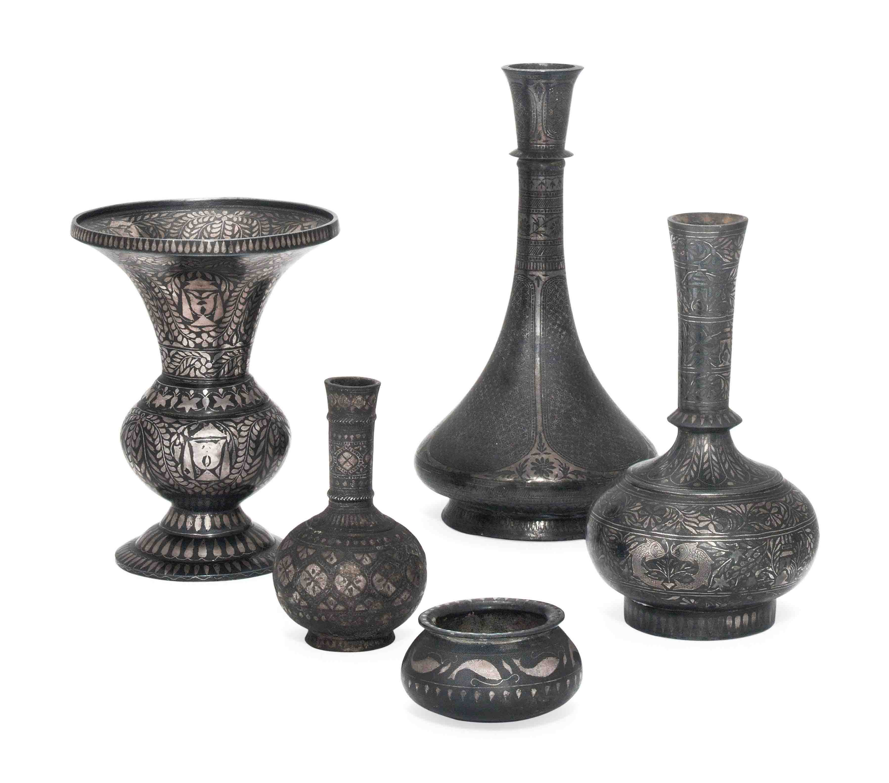 Five Silver Inlaid Bidri Vessels Hukin & heath silver plate condiment vessels with vases | ebth. five silver inlaid bidri vessels