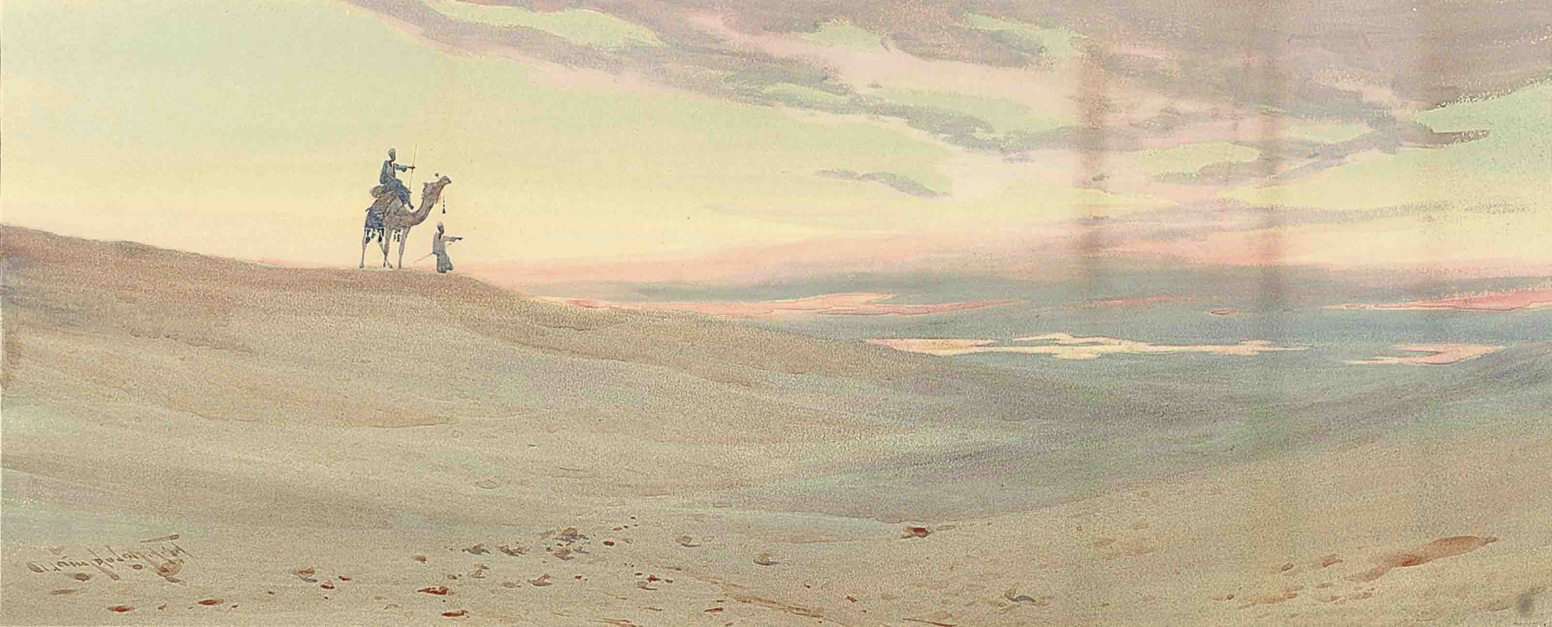 Augustus Osborne Lamplough (1877-1930) , Arabs in the desert at dusk