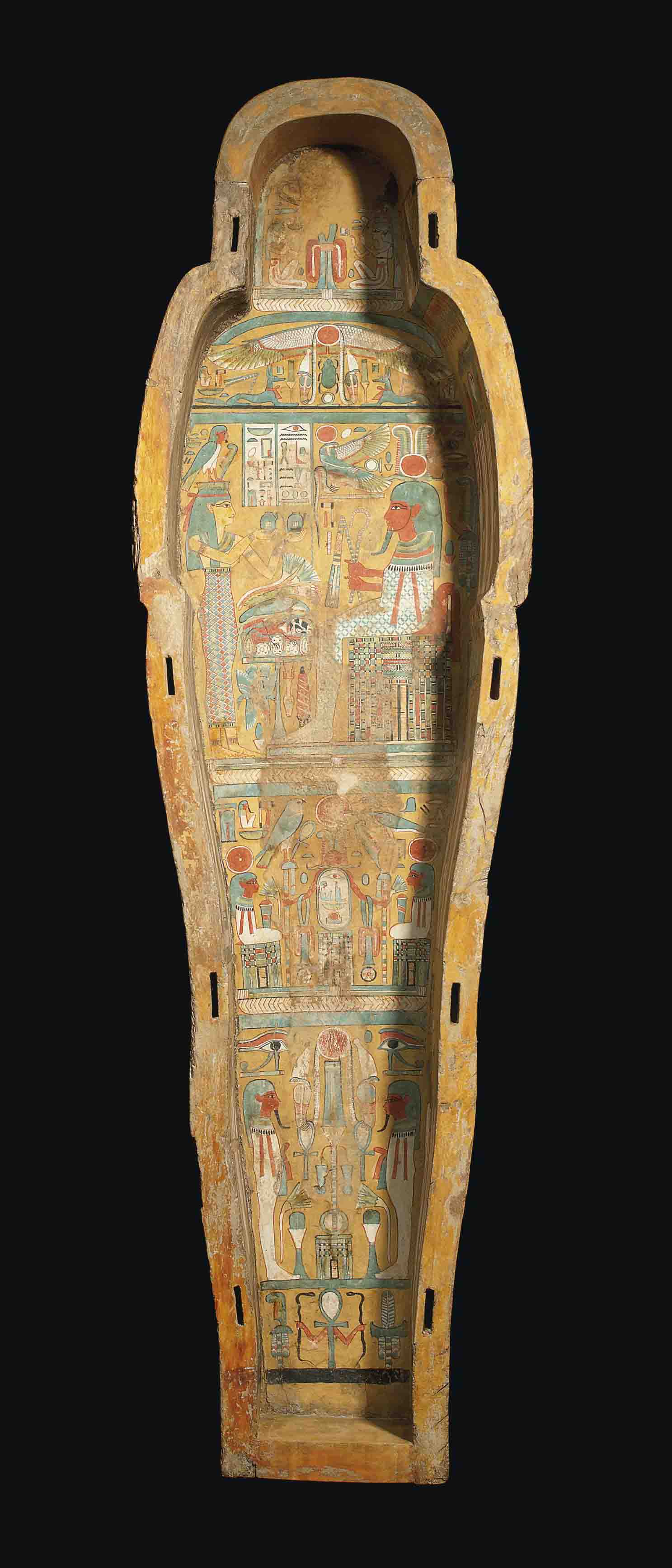 AN EGYPTIAN POLYCHROME PAINTED WOOD SARCOPHAGUS , THIRD INTERMEDIATE