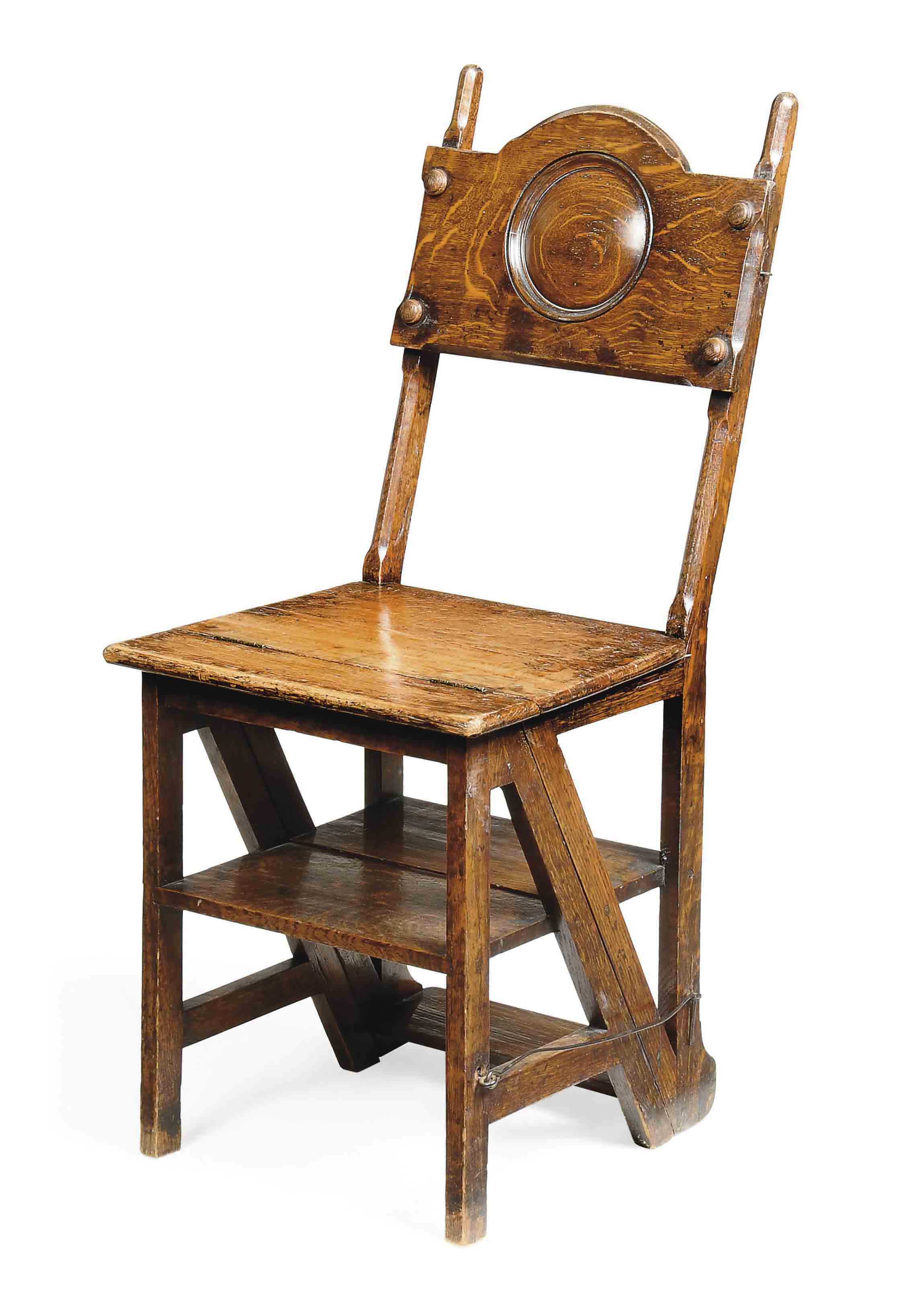 A LATE VICTORIAN OAK METAMORPHIC LIBRARY STEP CHAIR , LATE 19TH CENTURY