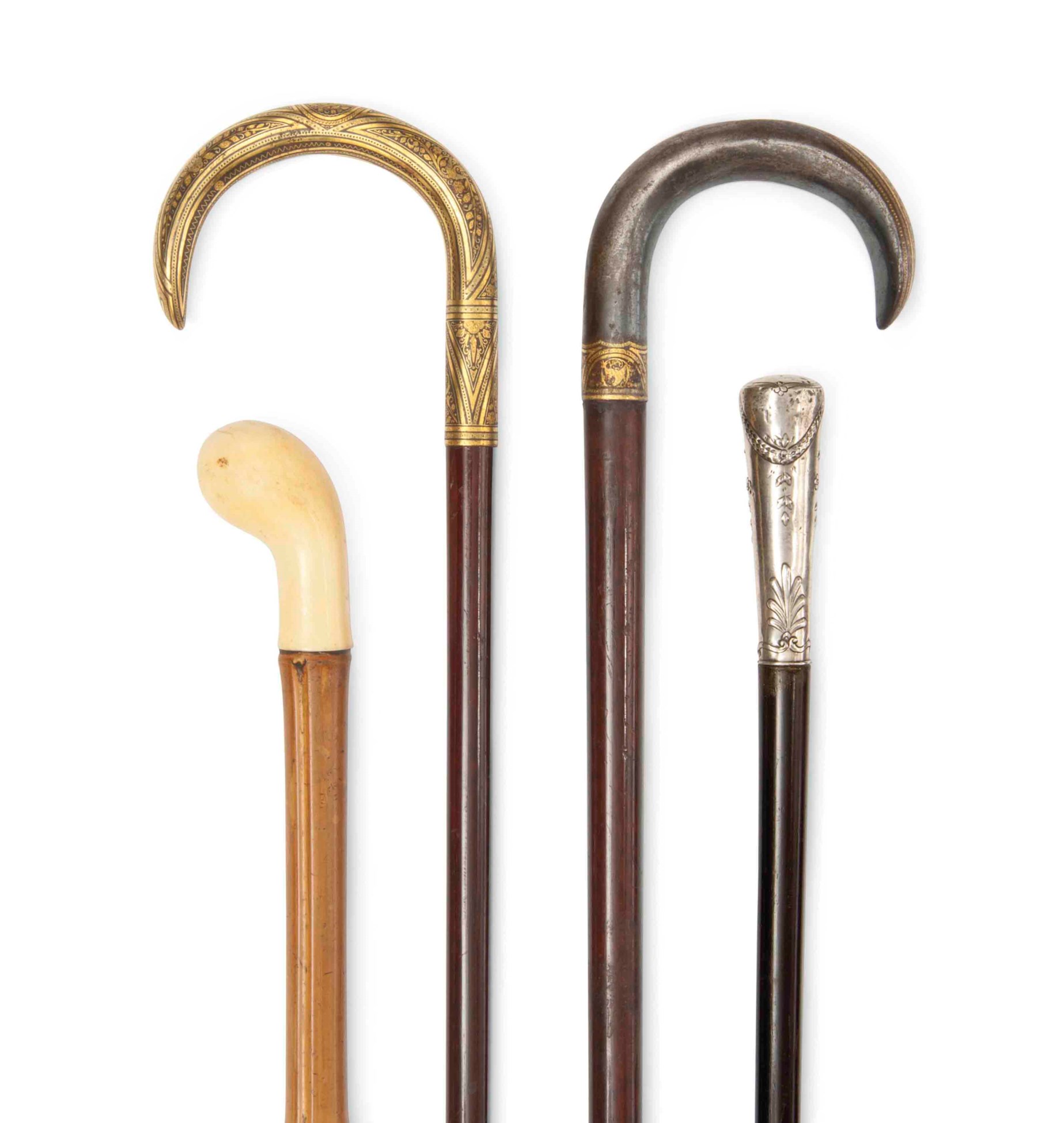 TWO SPANISH DAMASCENED IRON HANDLED WALKING STICKS , MID19TH CENTURY