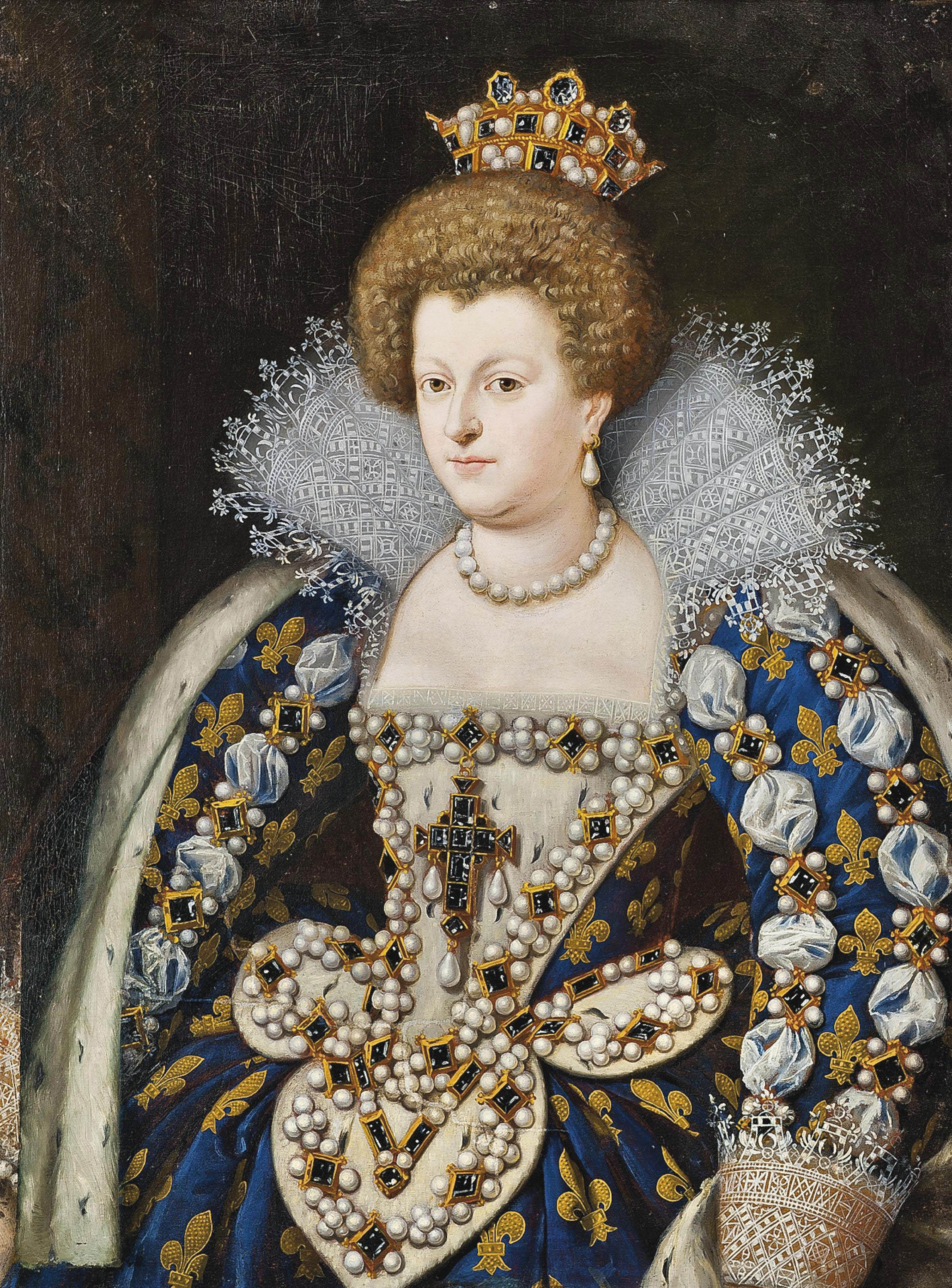 Portrait of Maria de Medici (1573-1642), Queen Consort of France, half-length, in a blue dress embroidered with gold fluer-de-lys and adorned with pearls