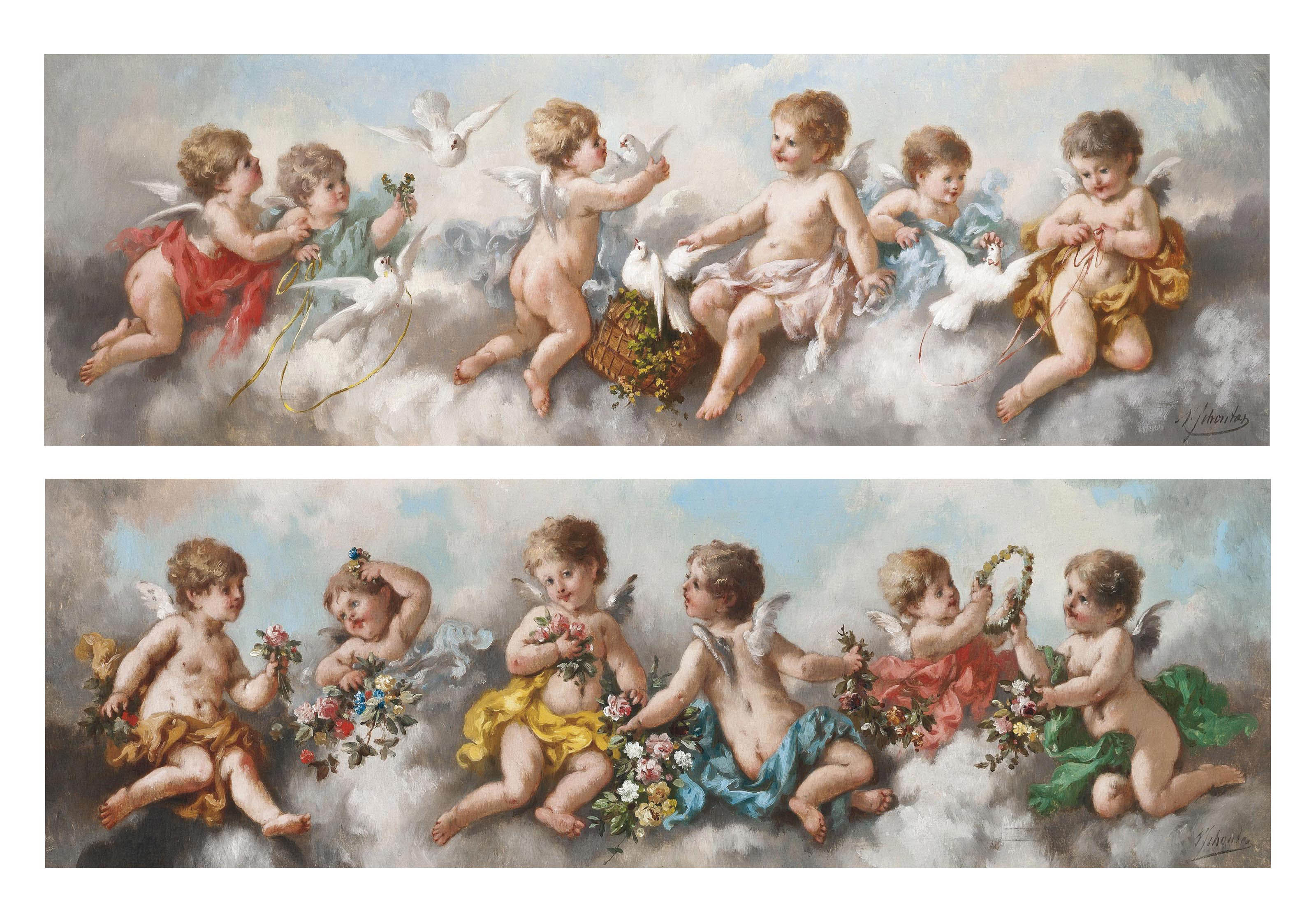 Continental School, 19th Century , Cherubs with doves; Cherubs with
