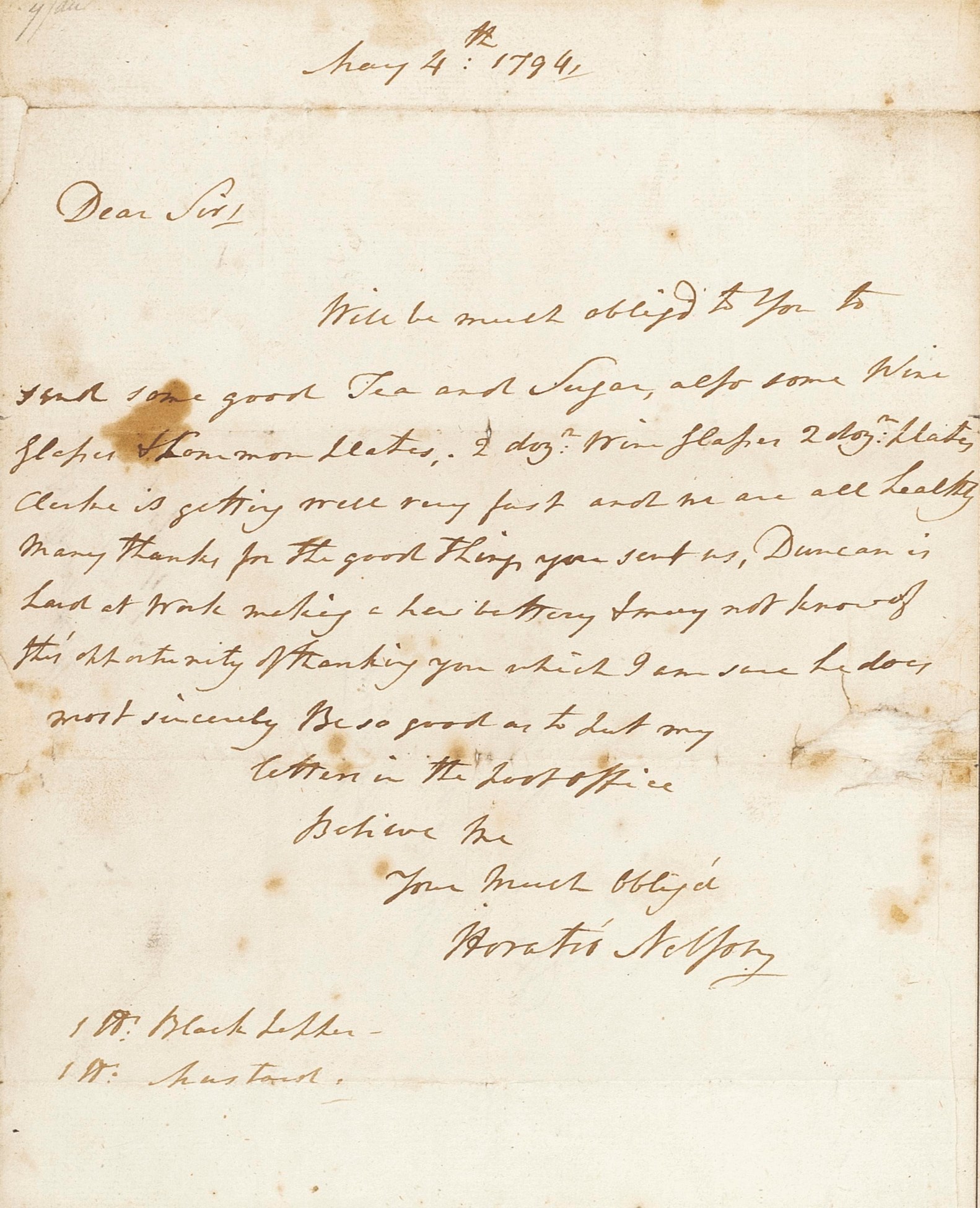 NELSON, Horatio, Viscount (17581805). Autograph letter signed (with