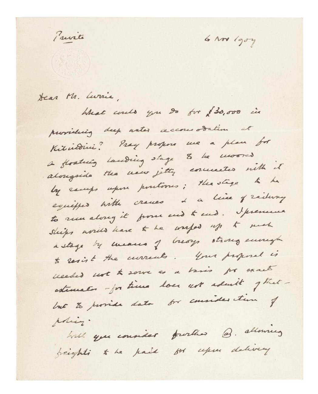 CHURCHILL, Winston S. Autograph letter signed to [H.A.F.] Currie, on