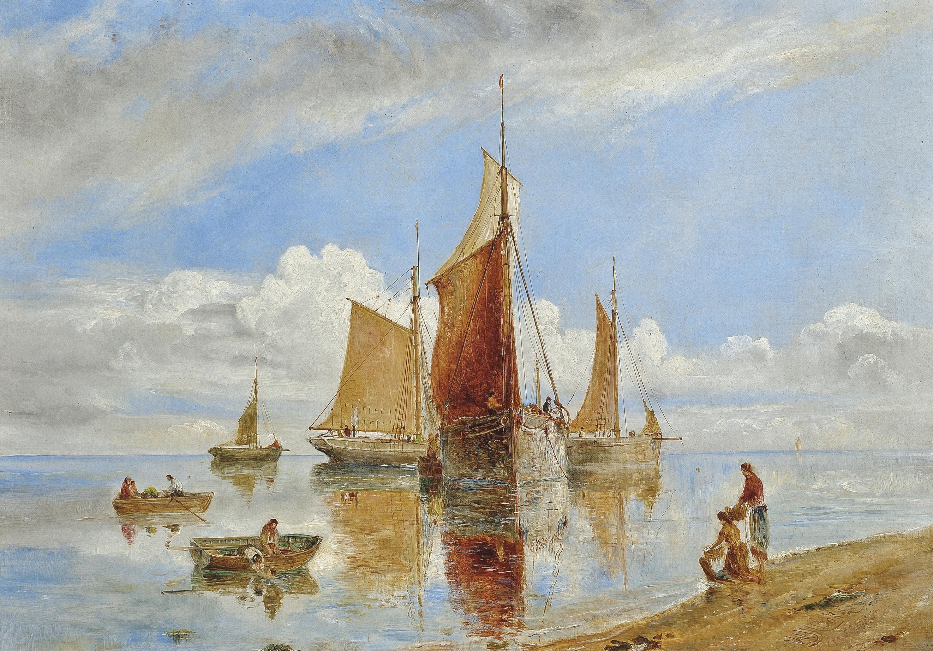 William Joseph J C Bond Liverpool 1833 1926 Fishing Boats Drying Their Sails At The End Of The Day Paintings Oil Christie S