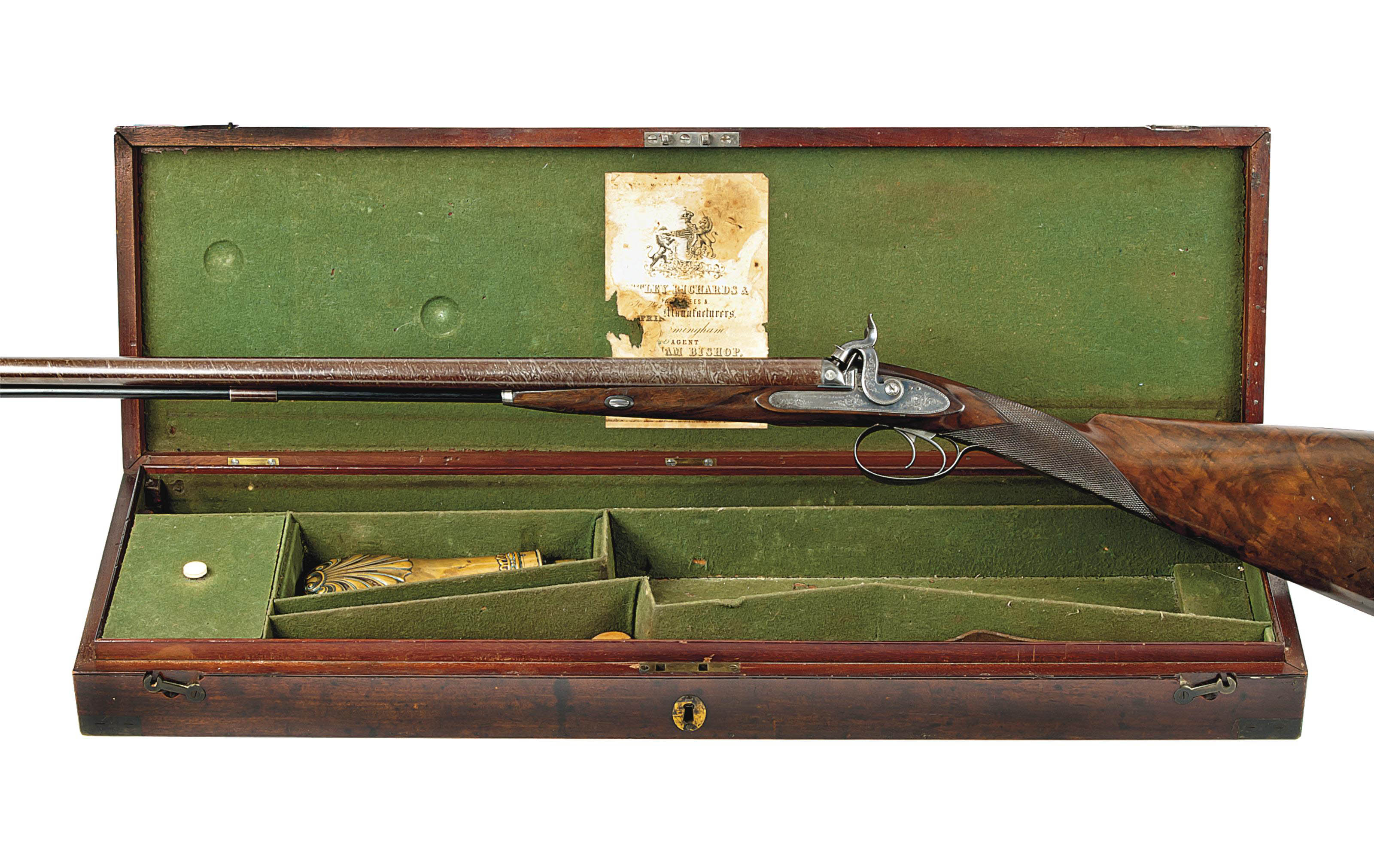 A CASED 14-BORE DOUBLE-BARRELLED PERCUSSION SPORTING GUN , BY WESTLEY RICHARDS, LONDON, SERIAL ...