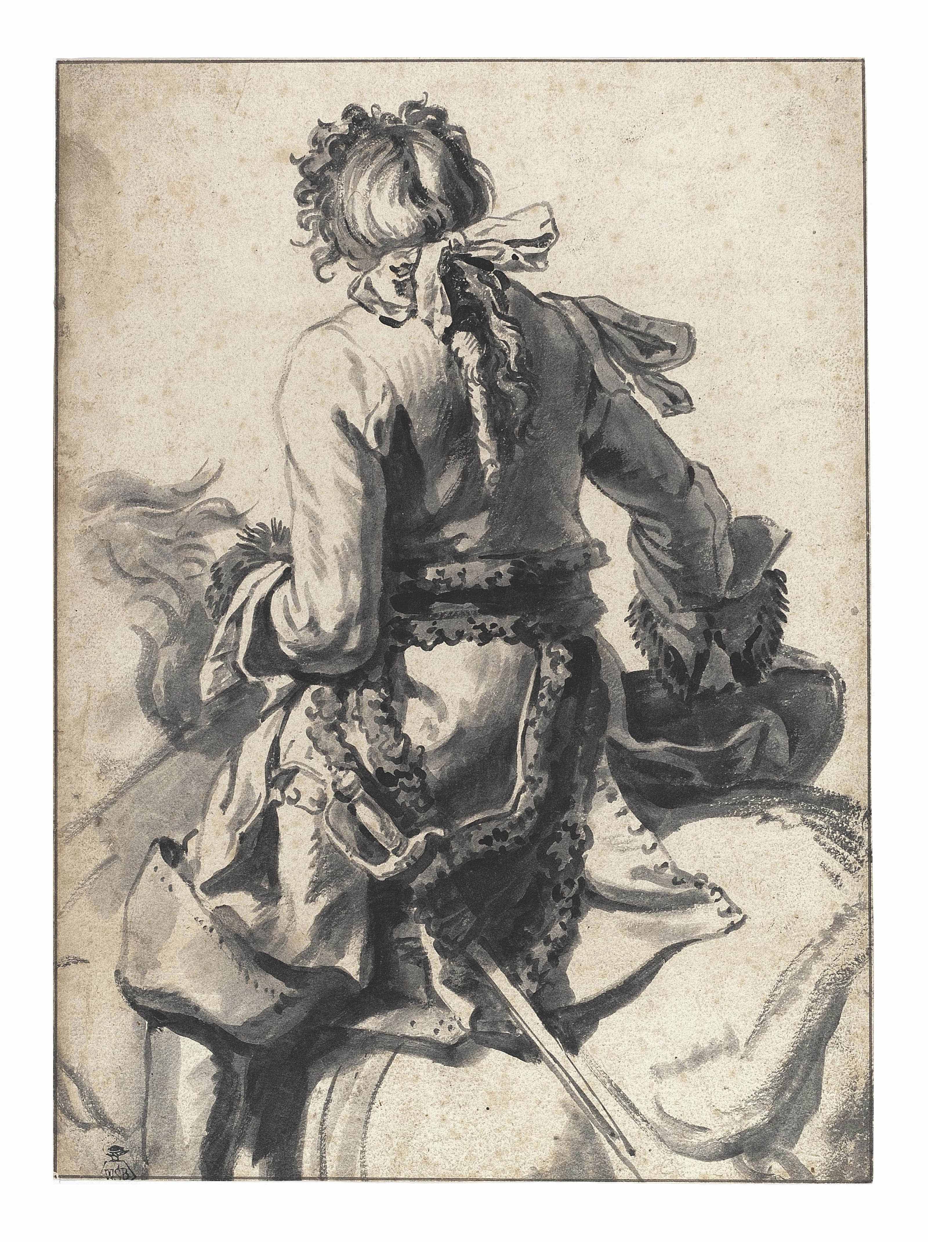 Pieter van Bloemen, called Standaart (1657-1720), A mounted cavalier, seen from behind. 10⅛ x 7&frac12;  in (26.5 x 19  cm). Sold for &pound;253,250 on 8 December 2011 at Christie&rsquo;s in London, South Kensington