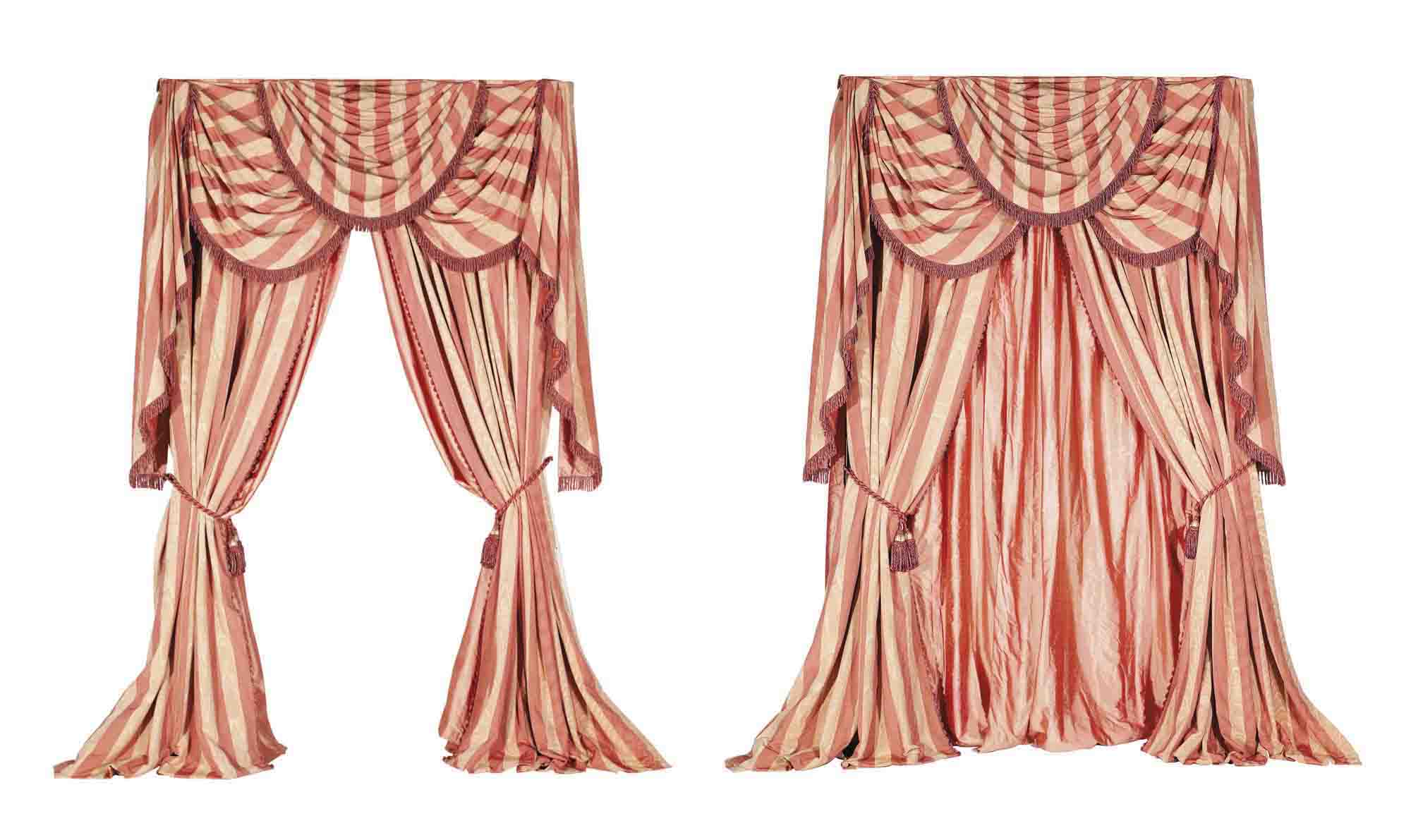 FIVE PAIRS OF PINK CURTAINS AND THREE SWAGGED PELMETS , CONTEMPORARY