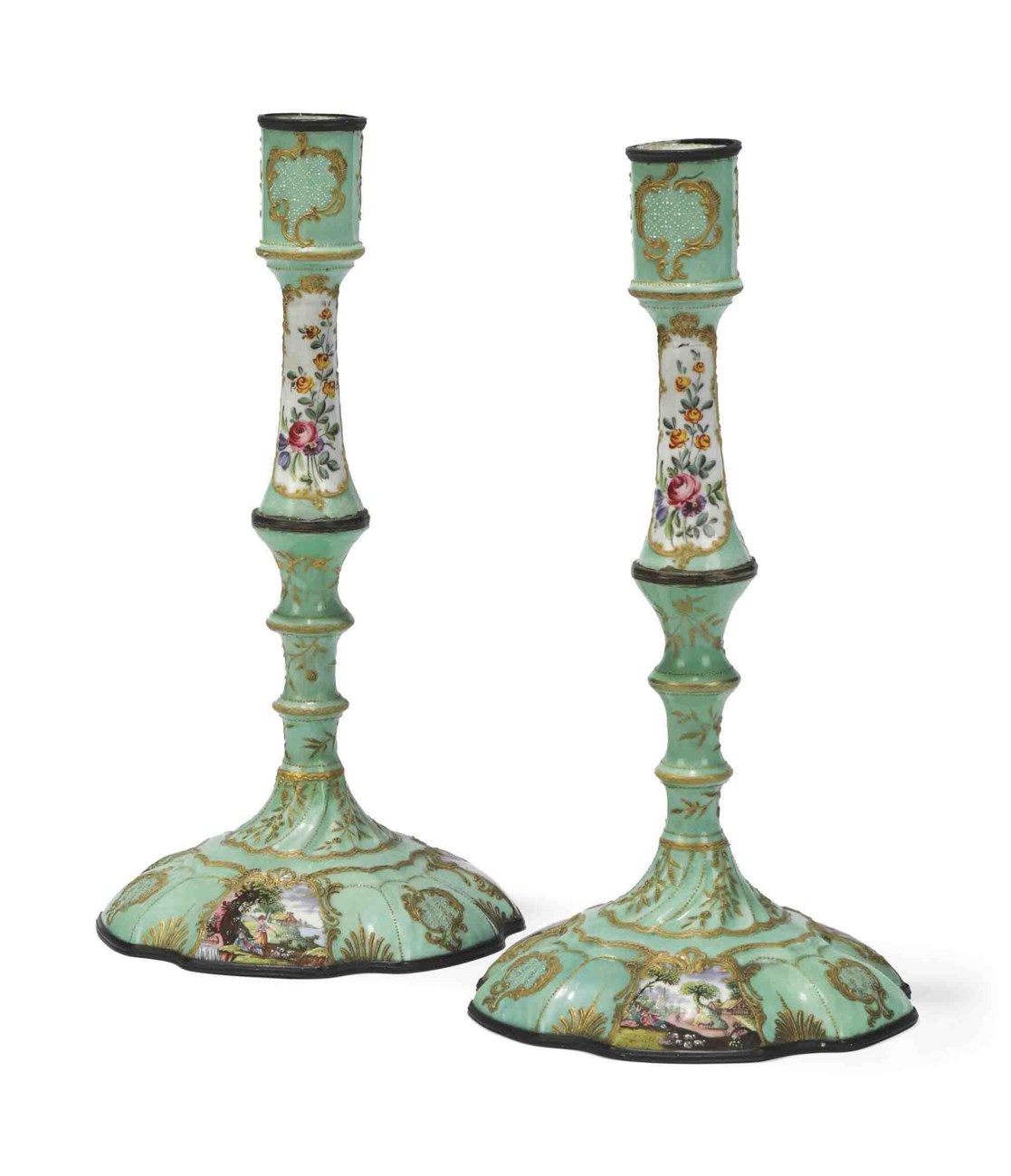 A PAIR OF III PALE GREEN GROUND ENAMEL CANDLESTICKS