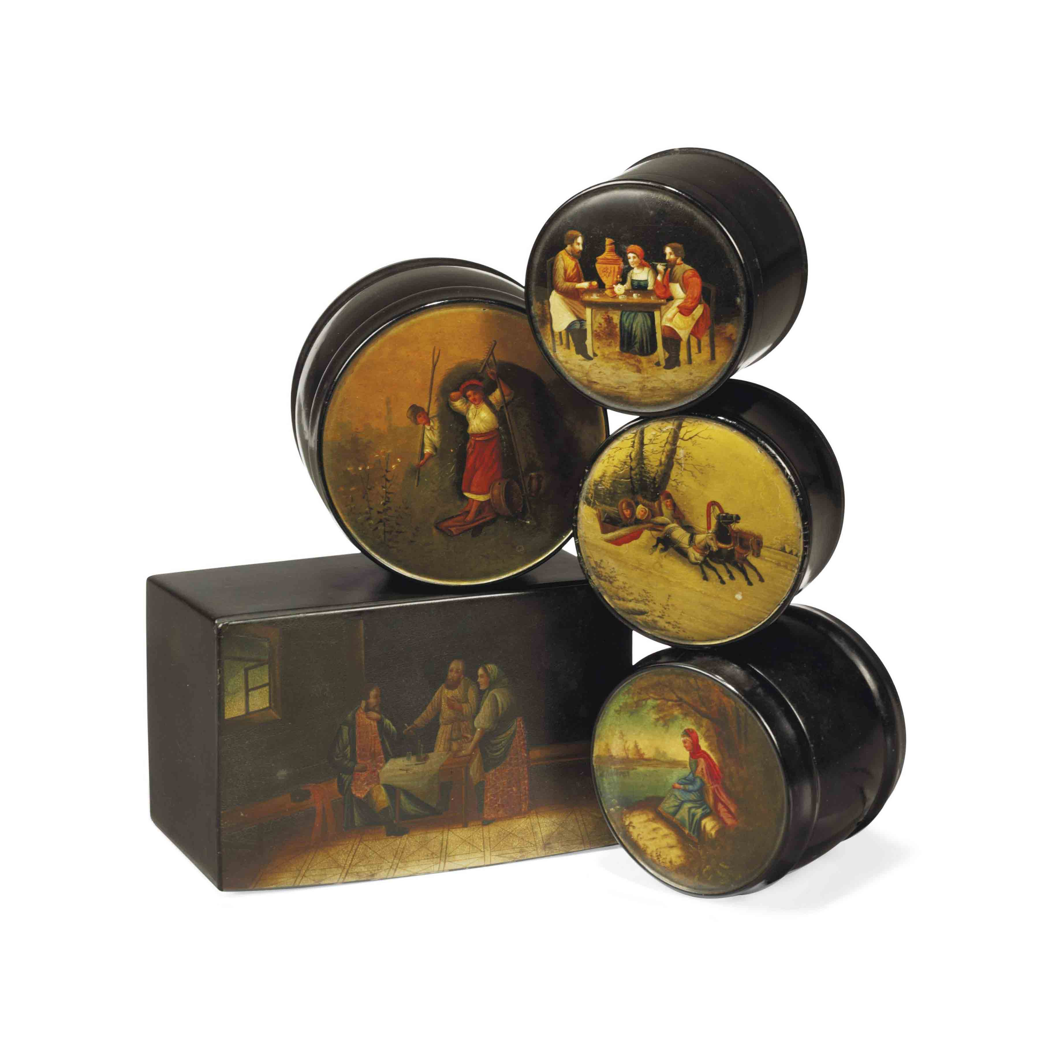 A Group Of Five Russian Papier Mache Boxes Late 19th Century