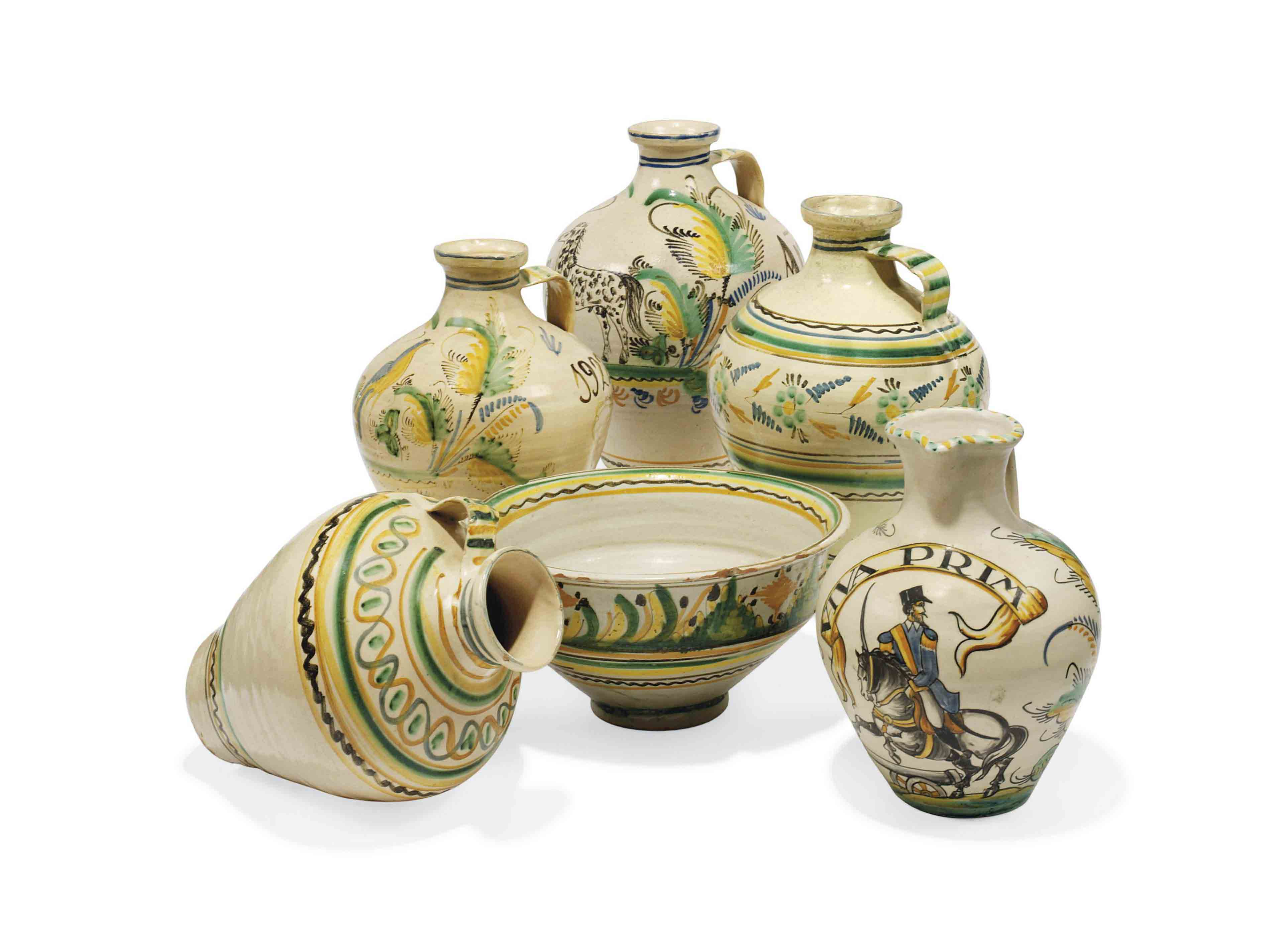 FIVE SPANISH FAIENCE POLYCHROME STORAGE JARS AND A BOWL , 20TH CENTURY