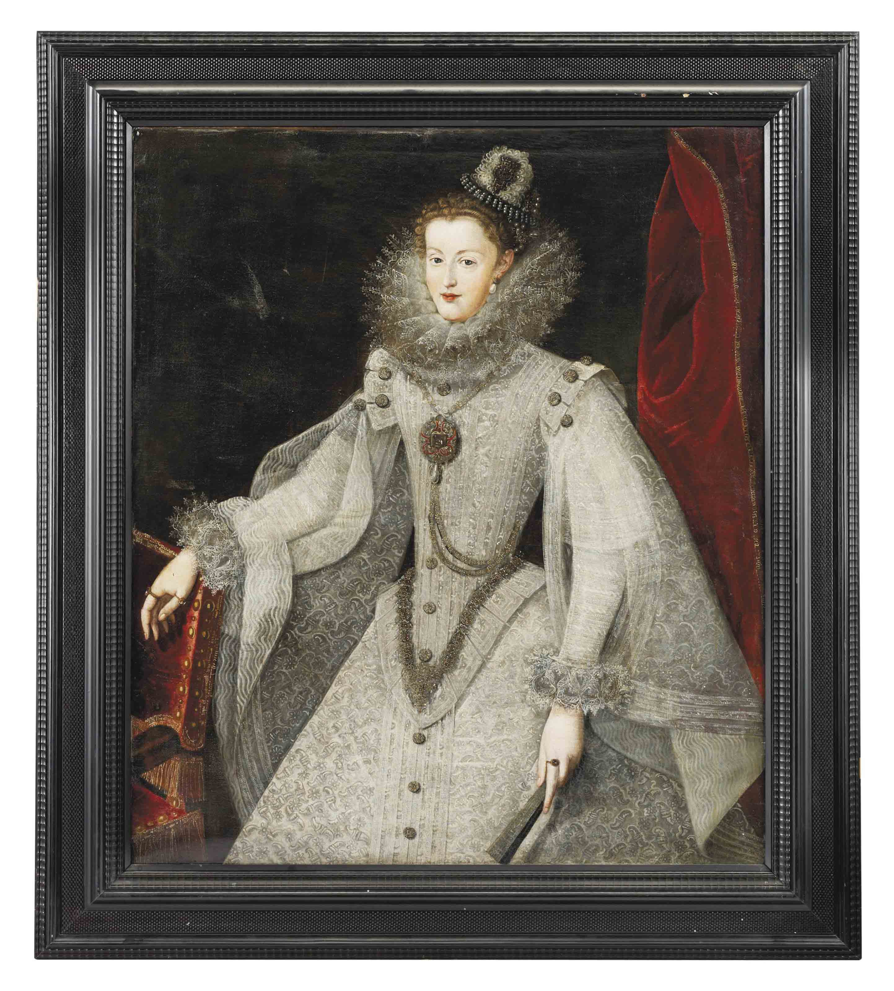 Follower Of Juan Pantoja De La Cruz Portrait Of Margaret Of Austria Queen Consort Of Spain And Portugal 1584 1611 Three Quarter Length In A Richly Embroidered Dress Her Right Hand Resting On A