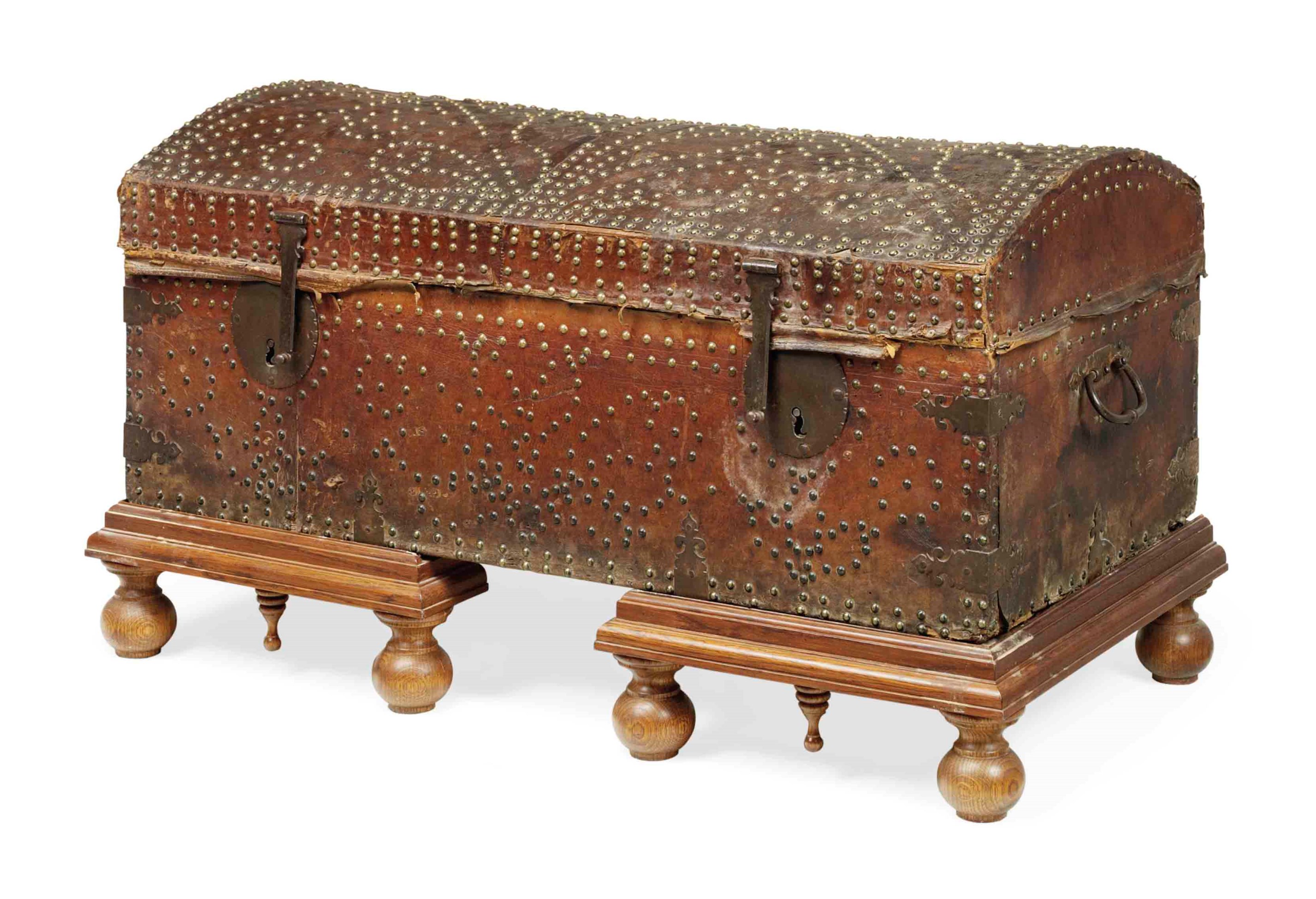A SPANISH BRASSNAILED DOMED CHEST