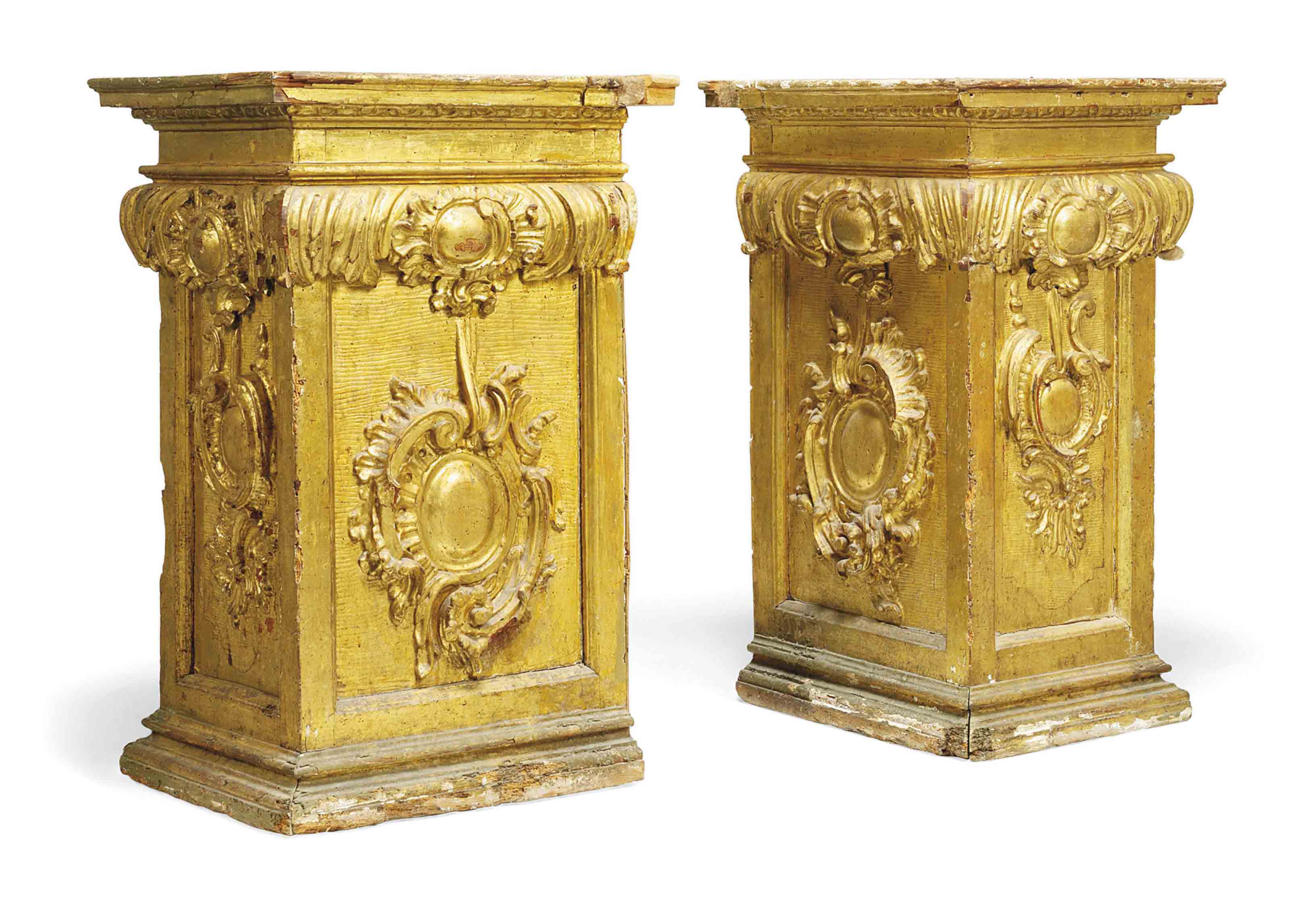 A PAIR OF SPANISH GILTWOOD PEDESTALS