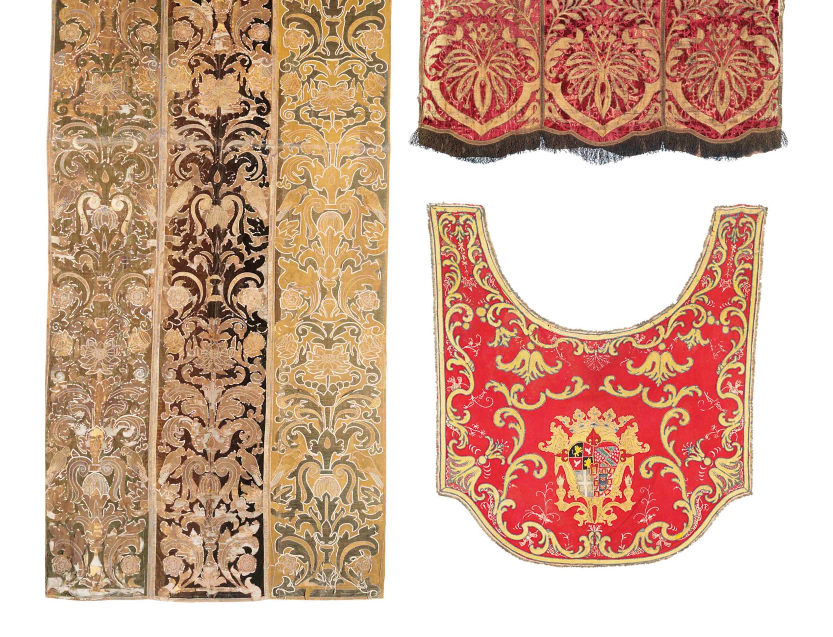 A SPANISH GREEN VELVET APPLIQUE PANEL, A RED VELVET ALTAR FRONTAL AND A