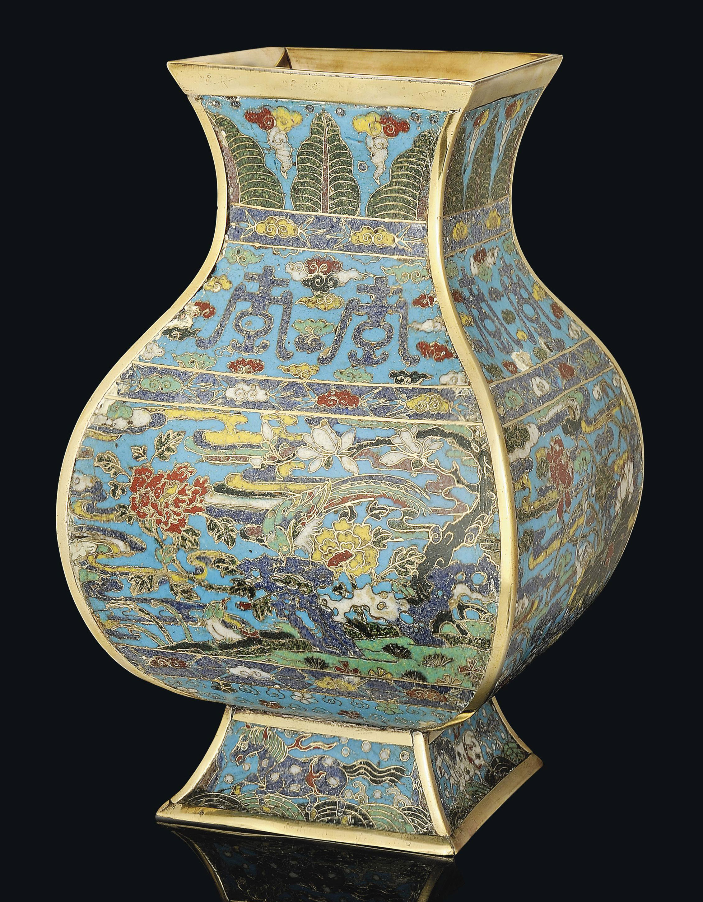 A CHINESE CLOISONNÉ ENAMEL AND GILT BRONZE SQUARE VASE, HU , 17TH