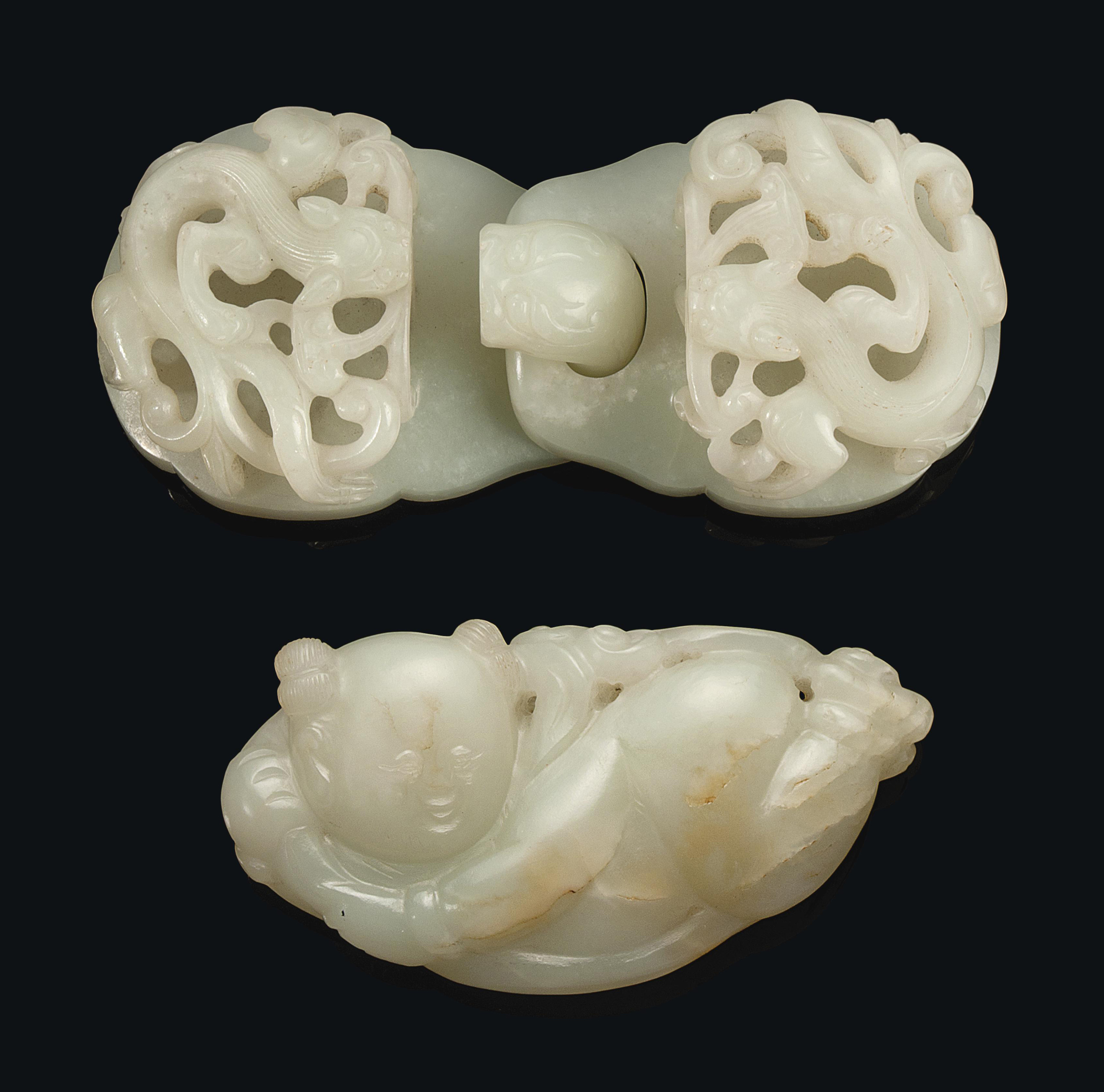 TWO CHINESE PALE CELADON JADE CARVINGS