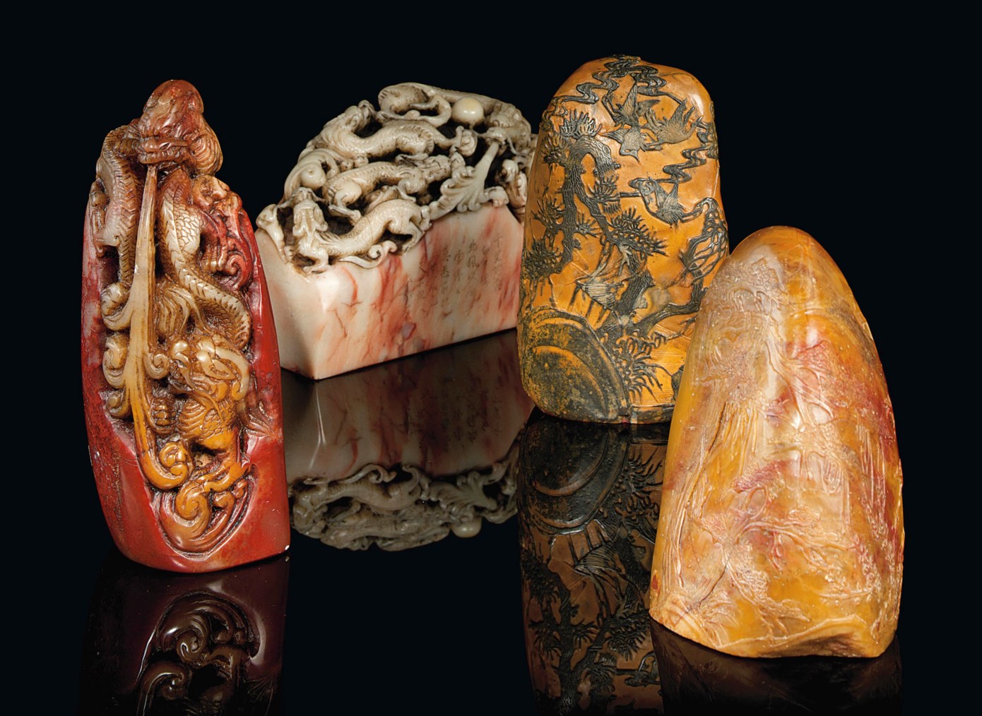 FOUR CHINESE CARVED SOAPSTONE SEALS