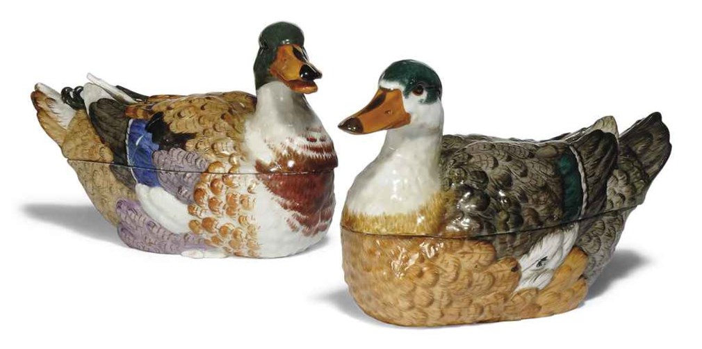 TWO MEISSEN DUCK TUREENS AND COVERS , 19TH CENTURY, BLUE CROSSED SWORDS