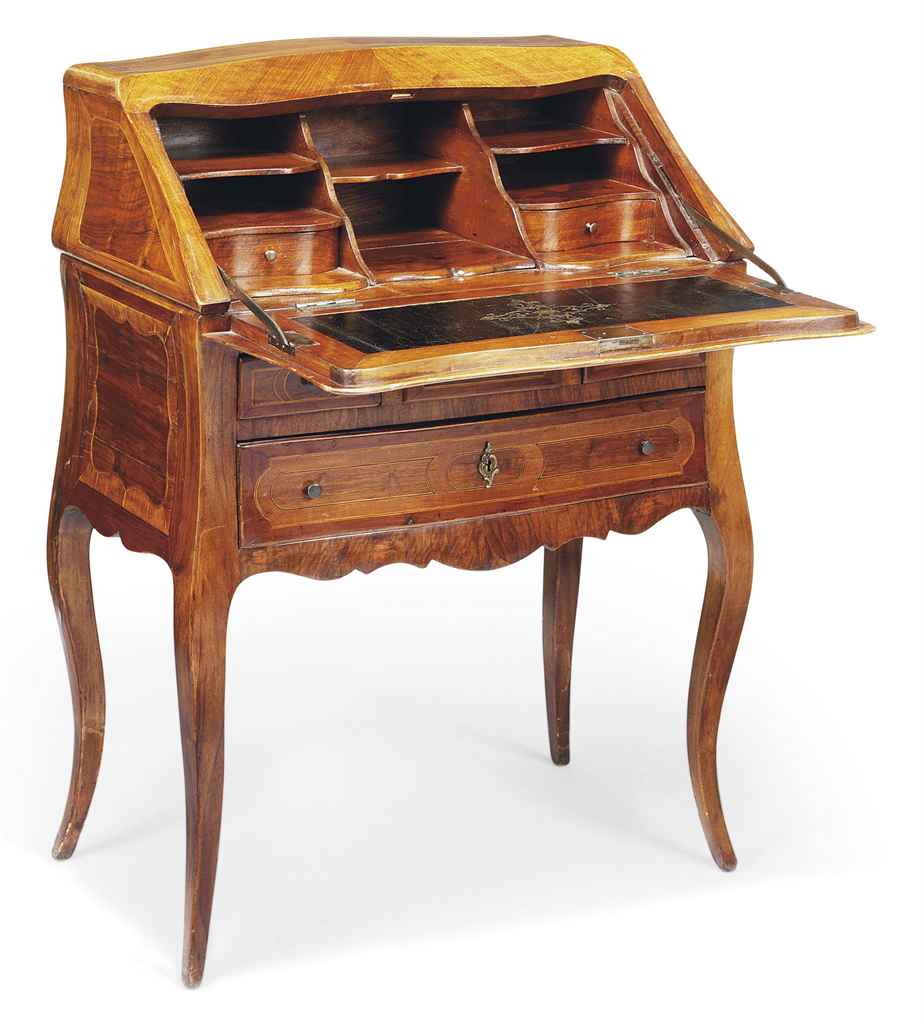 A LOUIS XV STYLE WALNUT, YEW, FRUITWOOD AND PARQUETRY BUREAU DE DAME