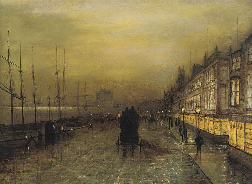 Follower of John Atkinson Grimshaw , Liverpool by gaslight ...