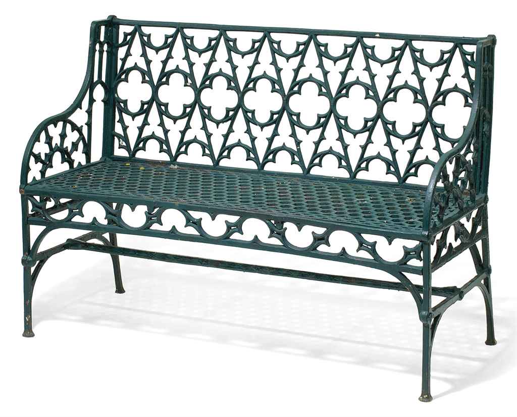 A French Gothic Style Green Painted Cast Iron Garden Bench Late