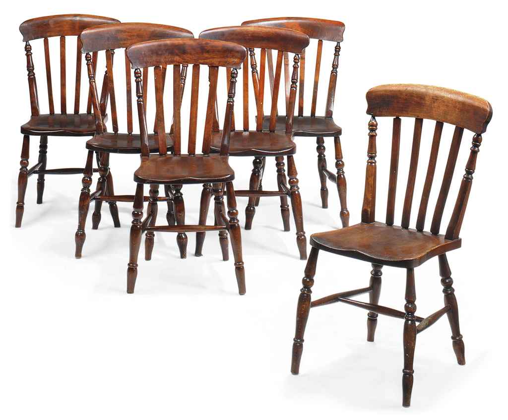 A SET OF SIX STAINED BEECH AND BIRCH KITCHEN CHAIRS , LATE 19TH CENTURY