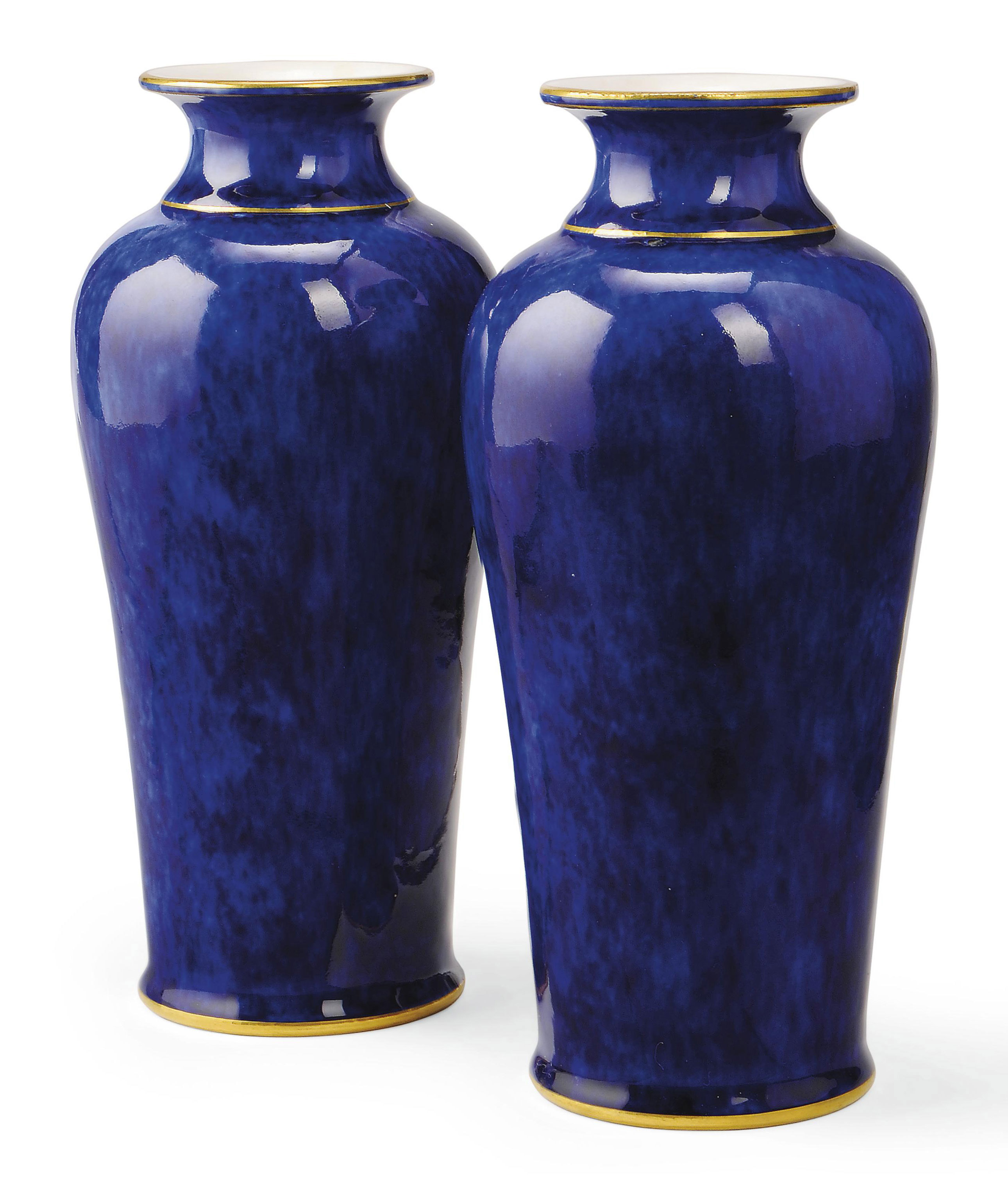 A PAIR OF SEVRES BLEU LAPIS VASES , THE PORCELAIN 1887, THE DECORATION
