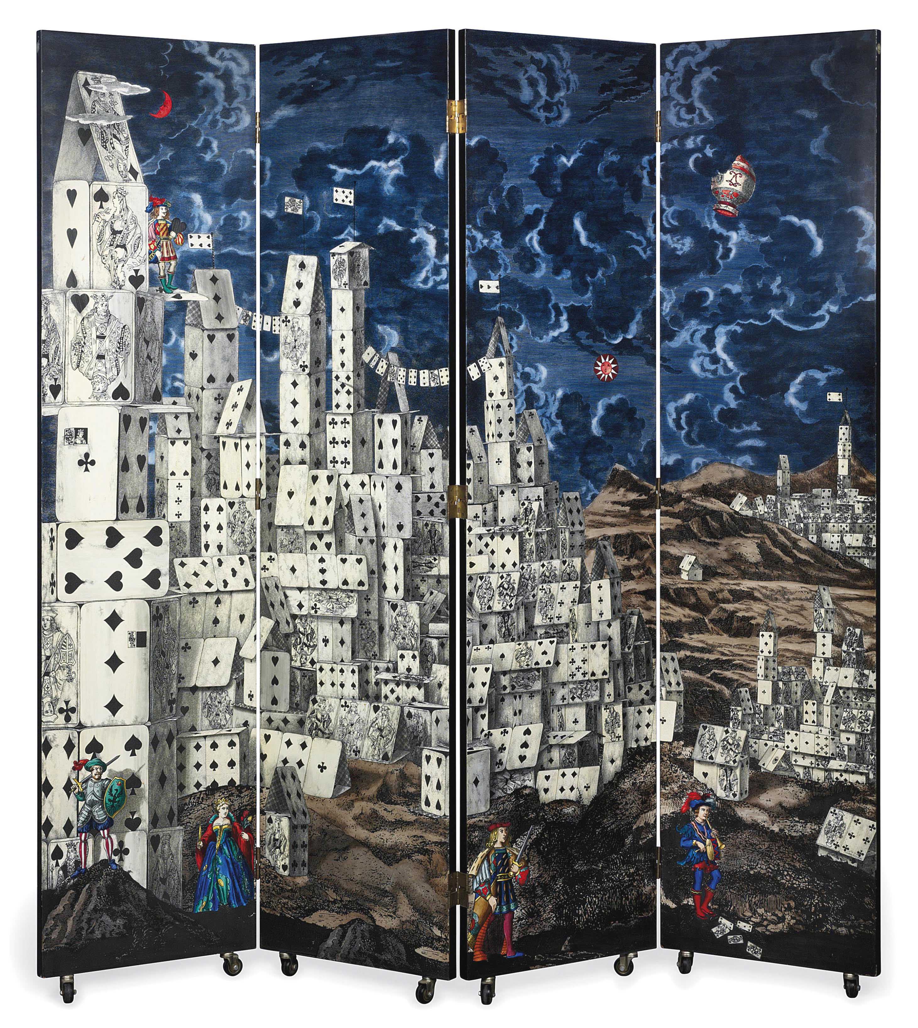 A PIERO FORNASETTI 'CITTA DI CARTA' FOUR FOLD SCREEN , DESIGNED